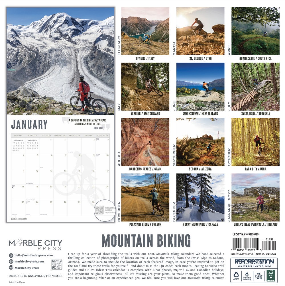 Mountain Biking Calendar 2026 | 12″ x 24″ 12 Month Calendar | Marble City Press