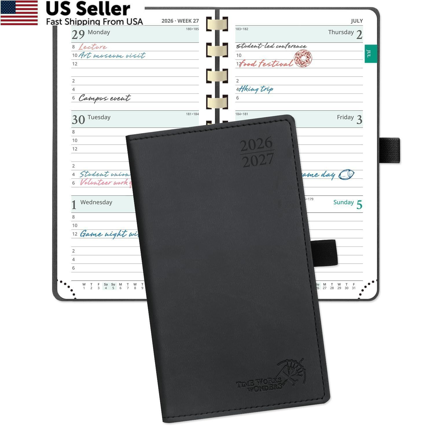 POPRUN Pocket Planner 2026-2027 (Slim Size 3.5” x Purse – 3.5″ x 6.5″, Black