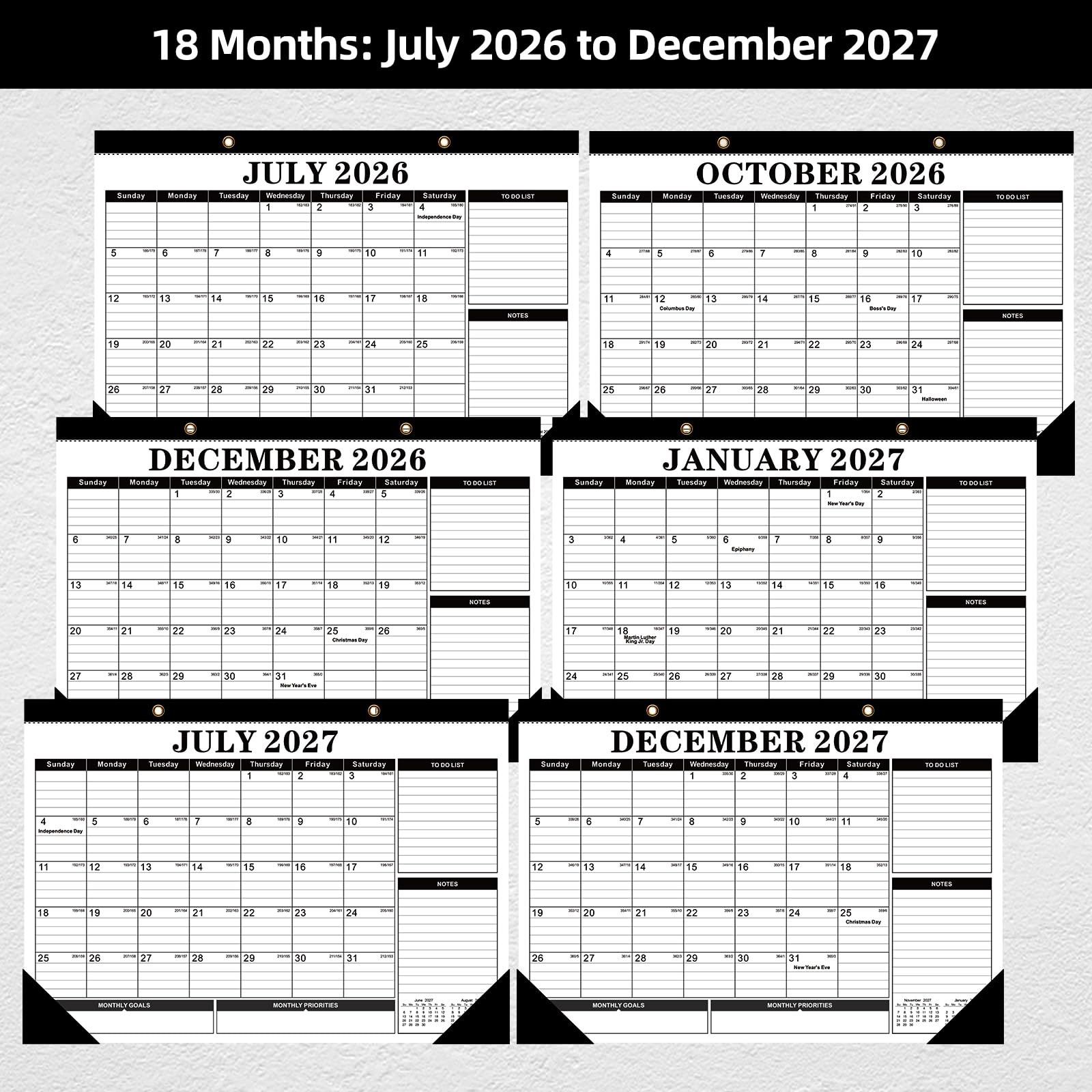Tcamp Desk Calendar 2026-2027, Large 17″x12″(Jul 2026-Dec 2027), Black+White