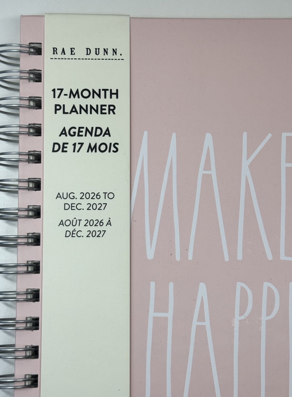 2027 Planner RAE DUNN Spiral Hard Cover 17-Month MAKE IT HAPPEN Pink White LARGE