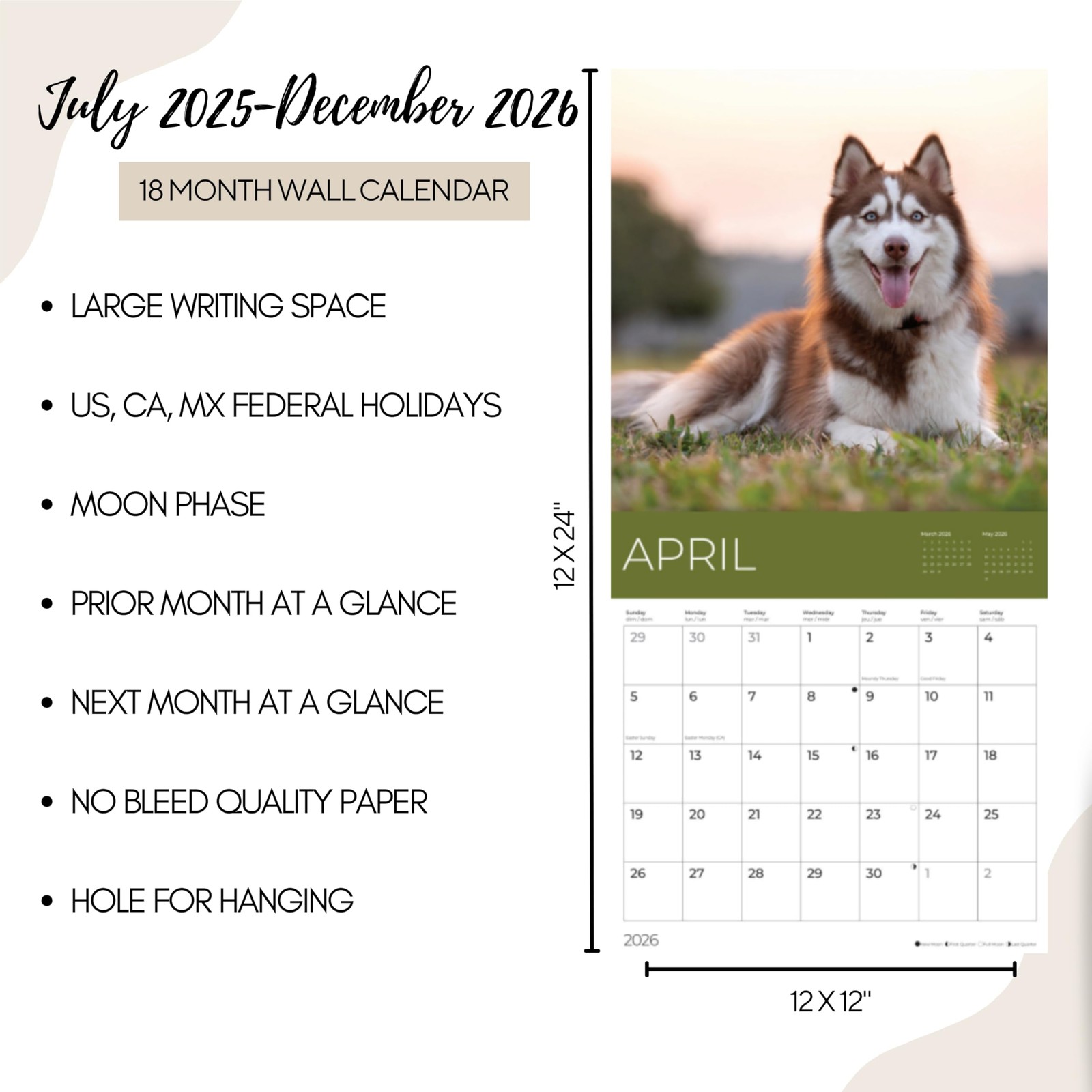 Dogs Wall Calendar 2026 | 12″ x 24″ Open | Giftable Pup 12 x 12,