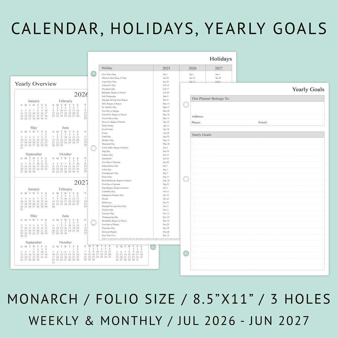 2026-2027 Weekly Planner Refills with Monthly Tabs for 3-Ring Binders – 8.5×11