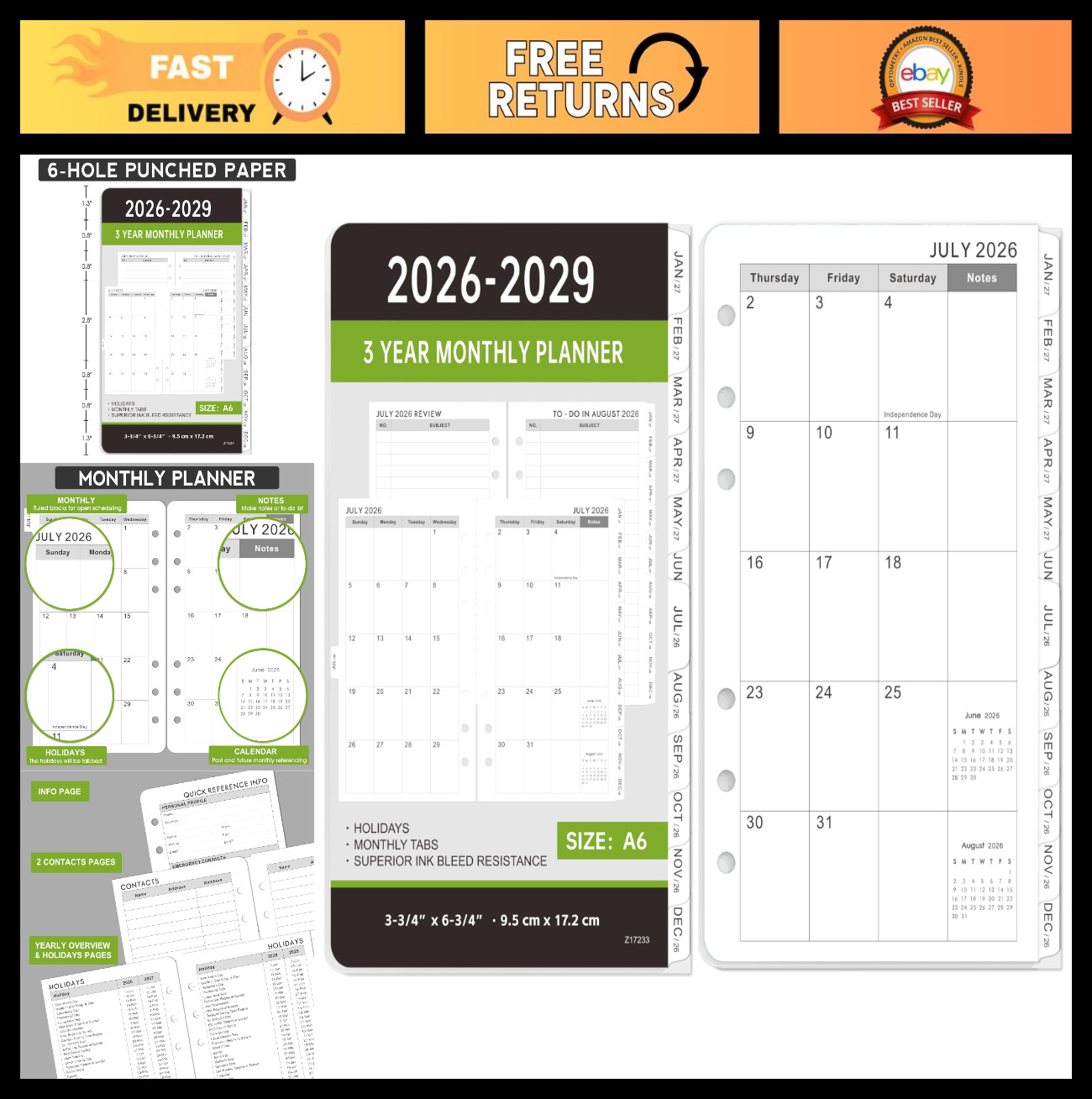 A6 Monthly Planner Refill 2026-2029 – 6-Hole Punched Inserts, Tabs, 2 Pages/Mont