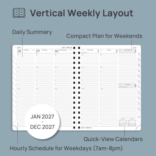 Weekly Monthly Planner 2027 6.5 x 8.5 Hourly Time Slots Spiral Leather Cover