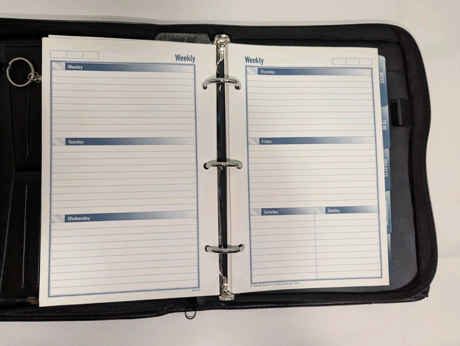 Day Runner Fact Centre Black Faux Leather 3-Ring Zipper Planner, Inserts incl.