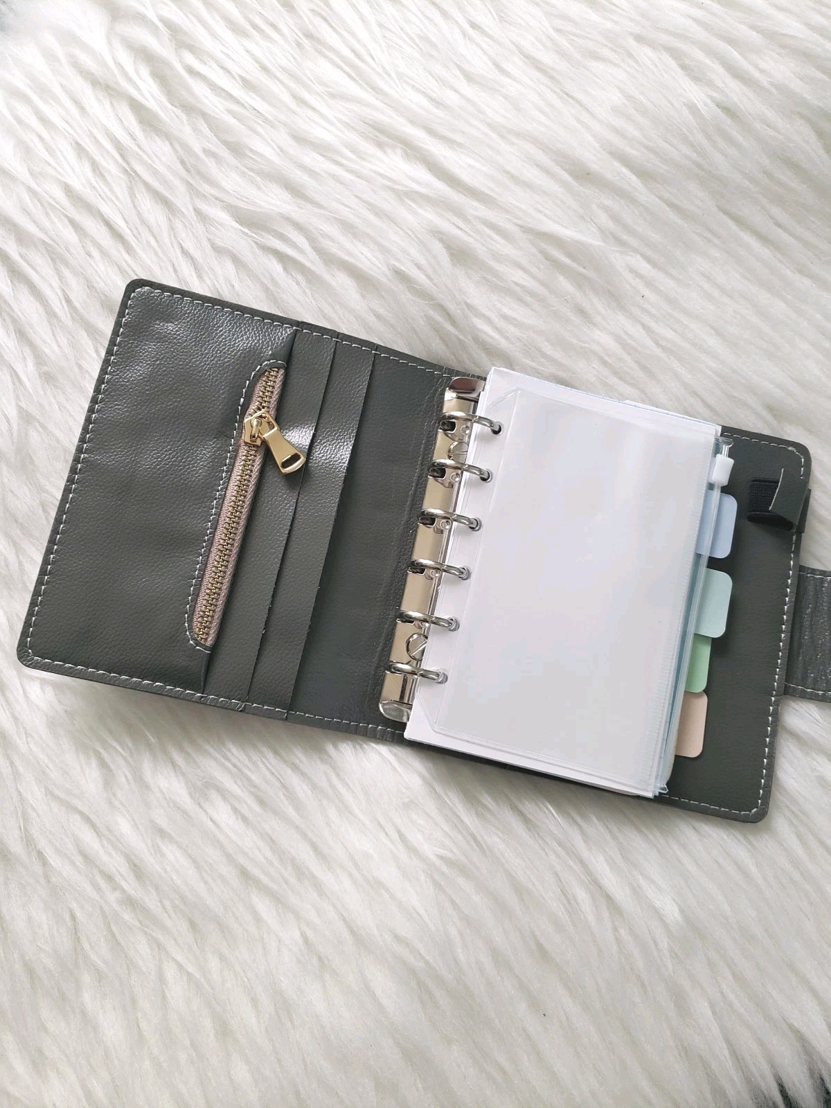 6 Ring Pocket Wide Genuine Leather Planner Cover Grey Unbranded