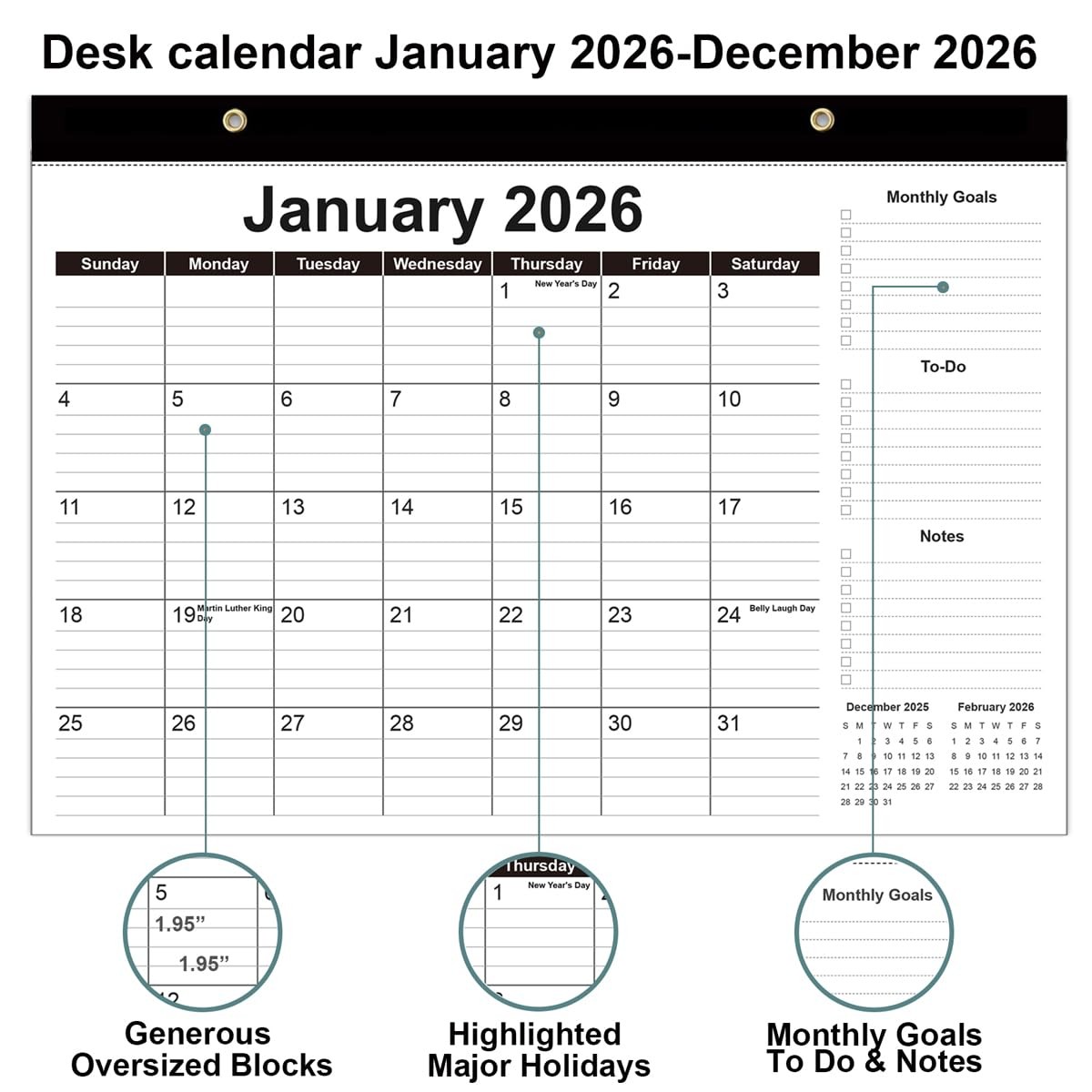 Desk Calendar 2026-12 Months from January 2026 to 17″ x 12″, Black