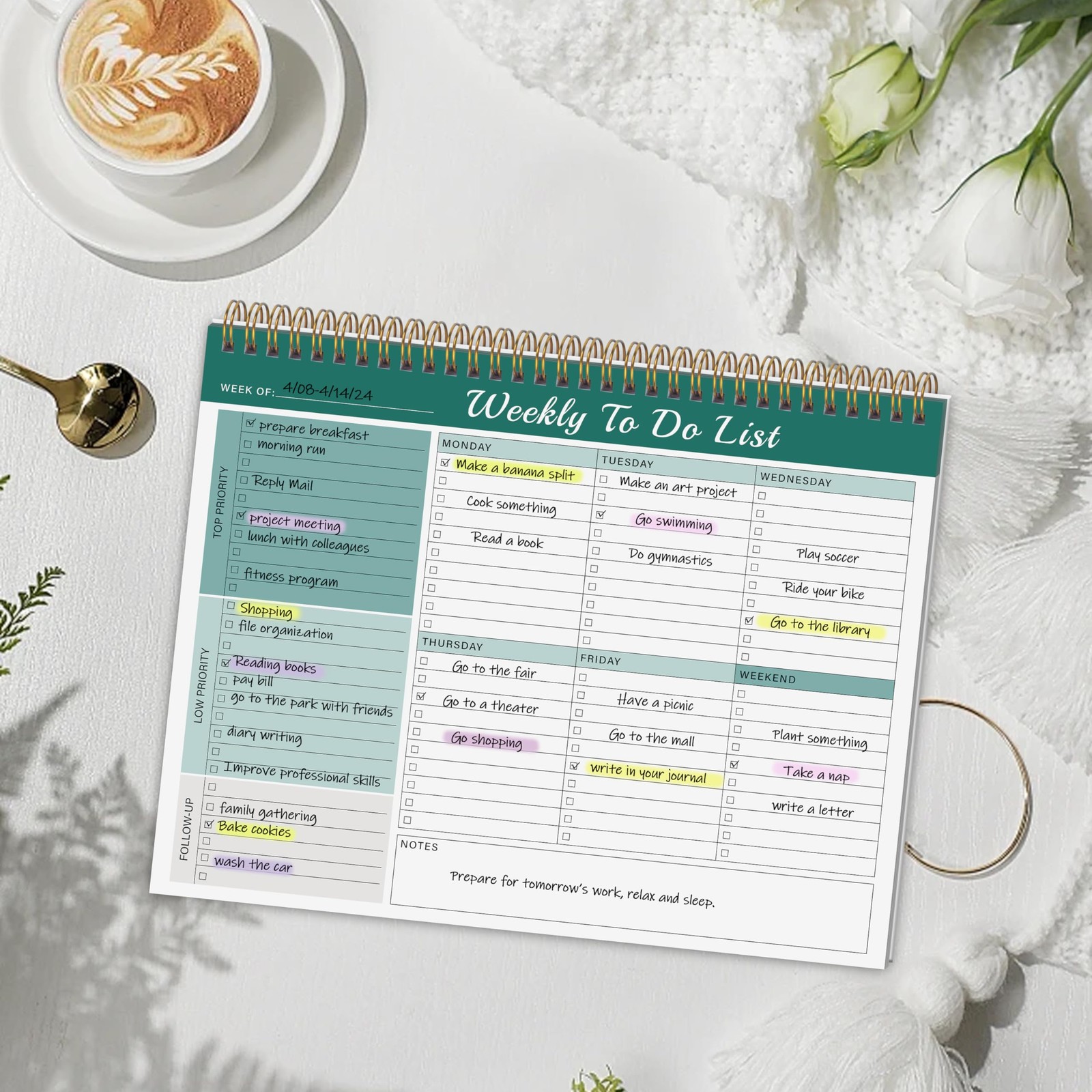 Kamoy Weekly To Do List Notepad with 52 Undated Sheets（8.5″×11″）- Green