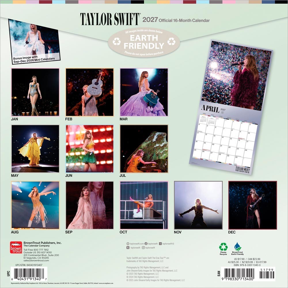 Taylor Swift OFFICIAL 2027 12×24″ (Hanging) Square Wall Calendar | Plastic-Free