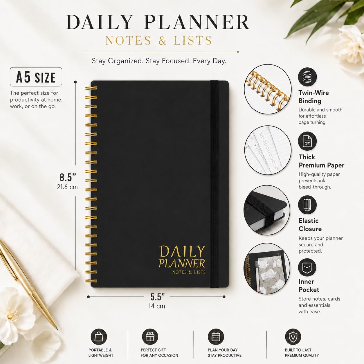 Daily Planner with Hourly Schedules – Undated To Do 5.5 x 8.5 inches, a.Black
