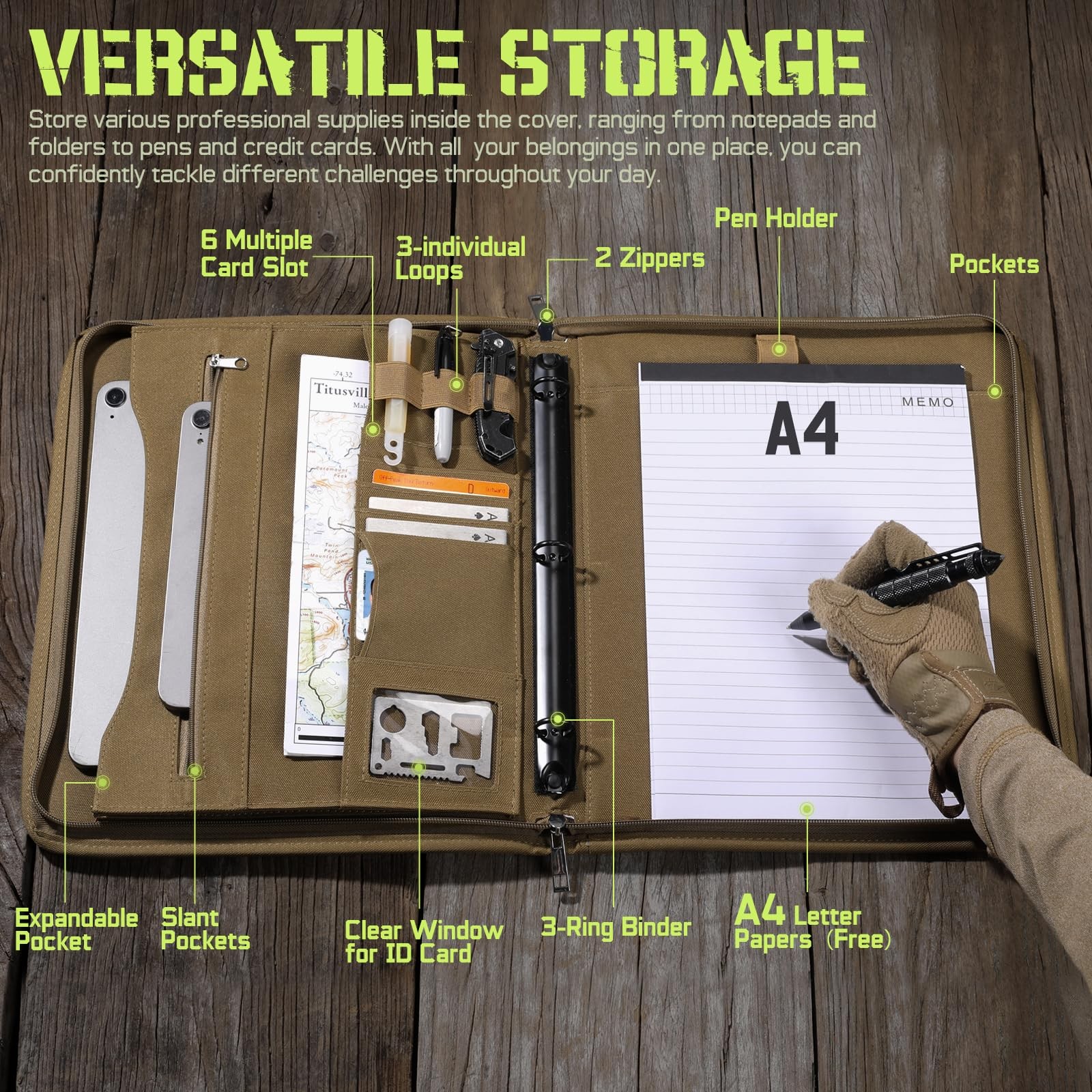 Livans Portfolio Padfolio Binder Detachable Large (12 x 13.6 IN), Khaki