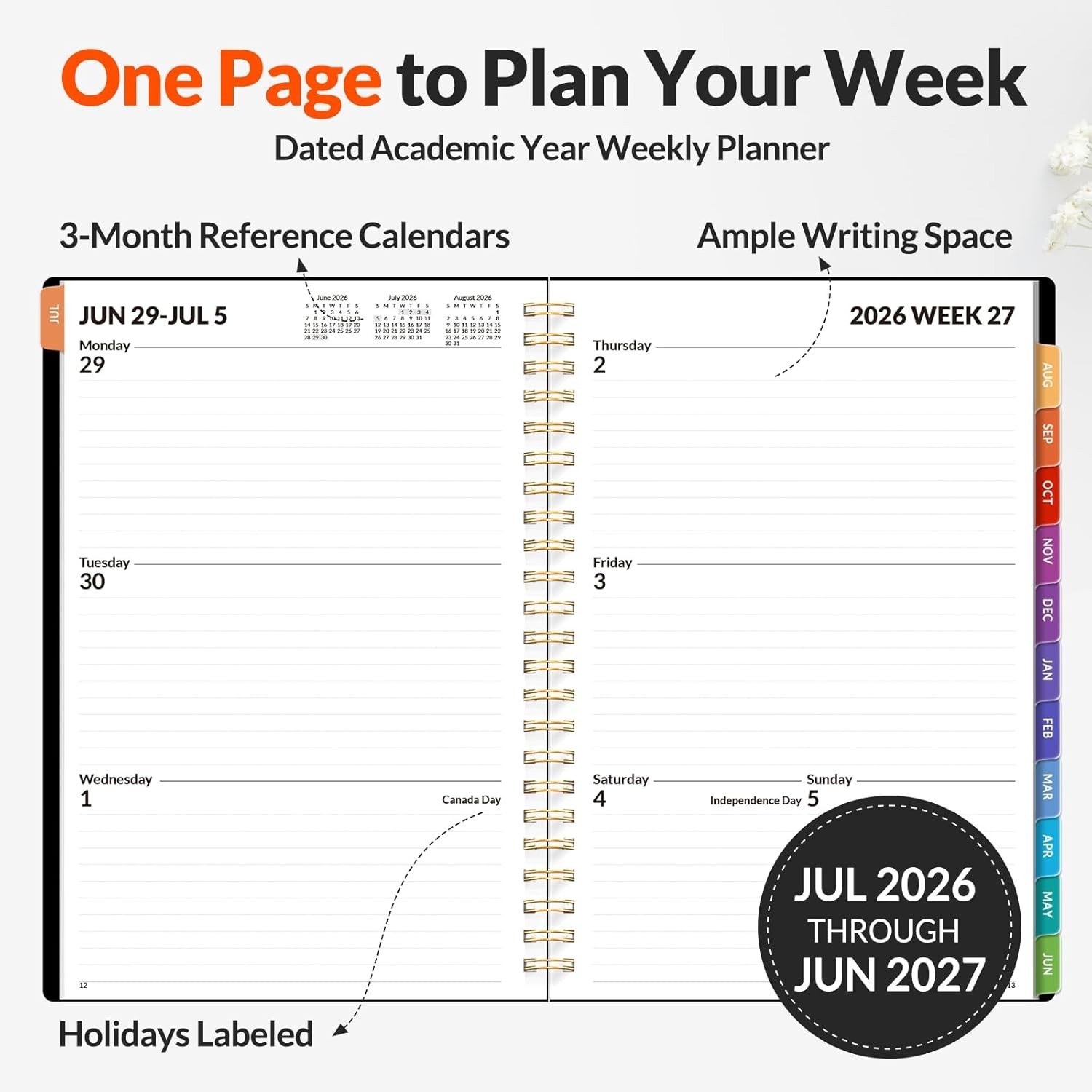 Portable 2026-2027 Weekly & Monthly Academic Planner: Black with Rainbow Accents