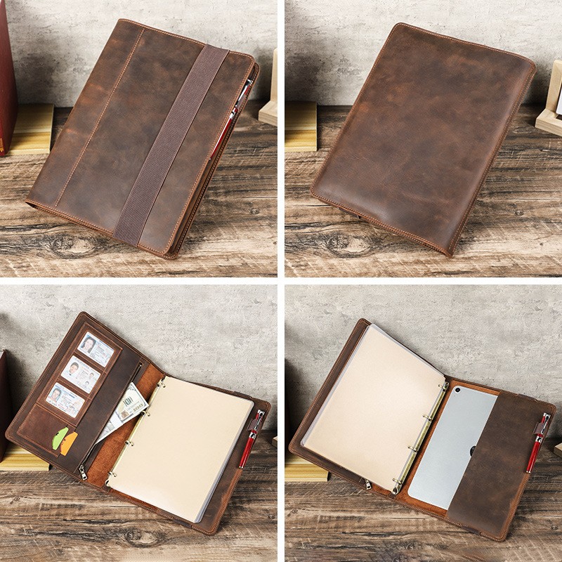 A4 Leather Portfolio 4 Ring Binder Business Notebook Organizer Document Case