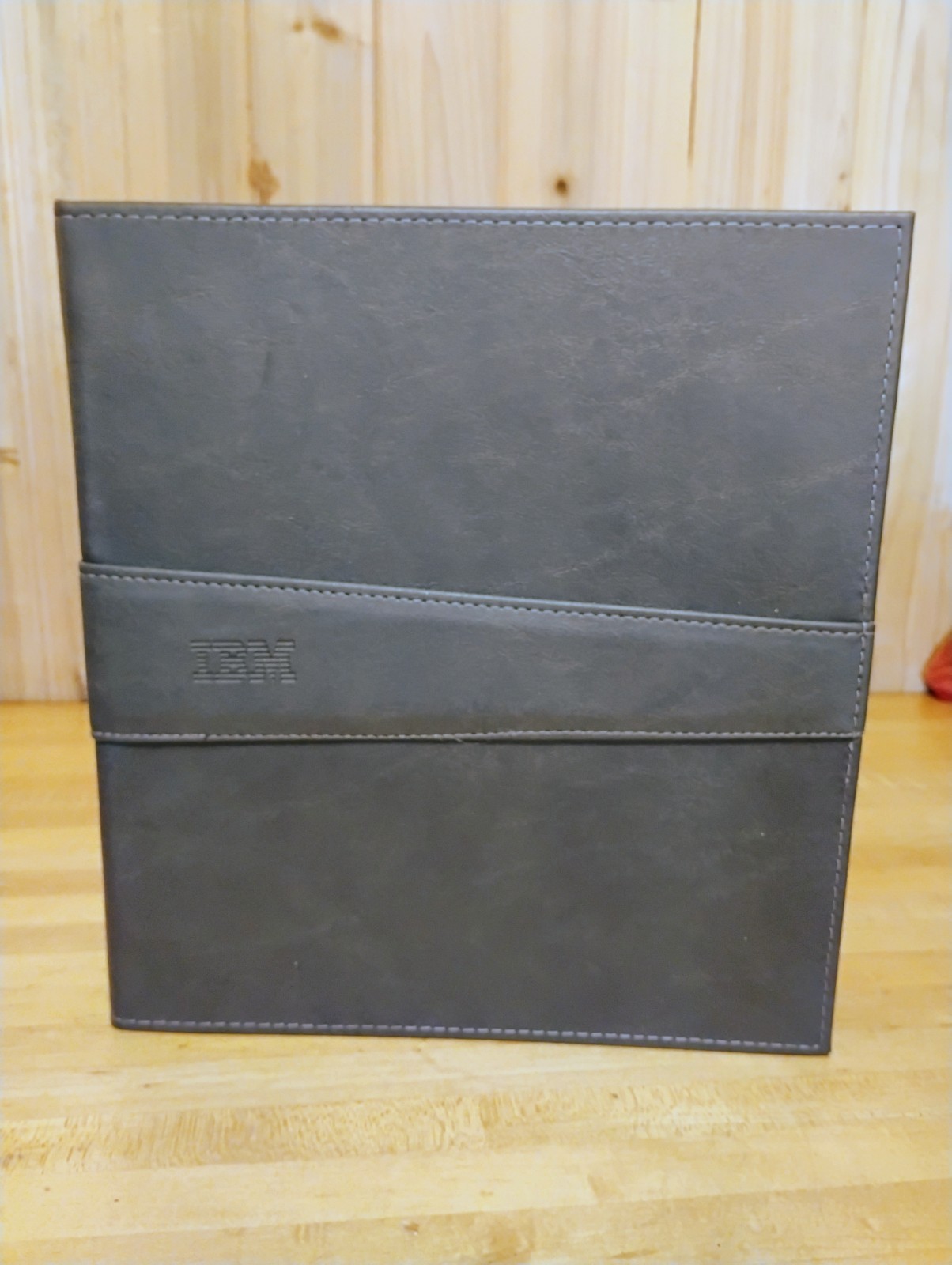 IBM grey leather-look 3 prong binder black interior without pockets