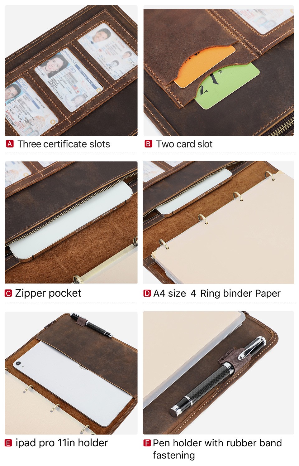 A4 Leather Portfolio 4 Ring Binder Business Notebook Organizer Document Case