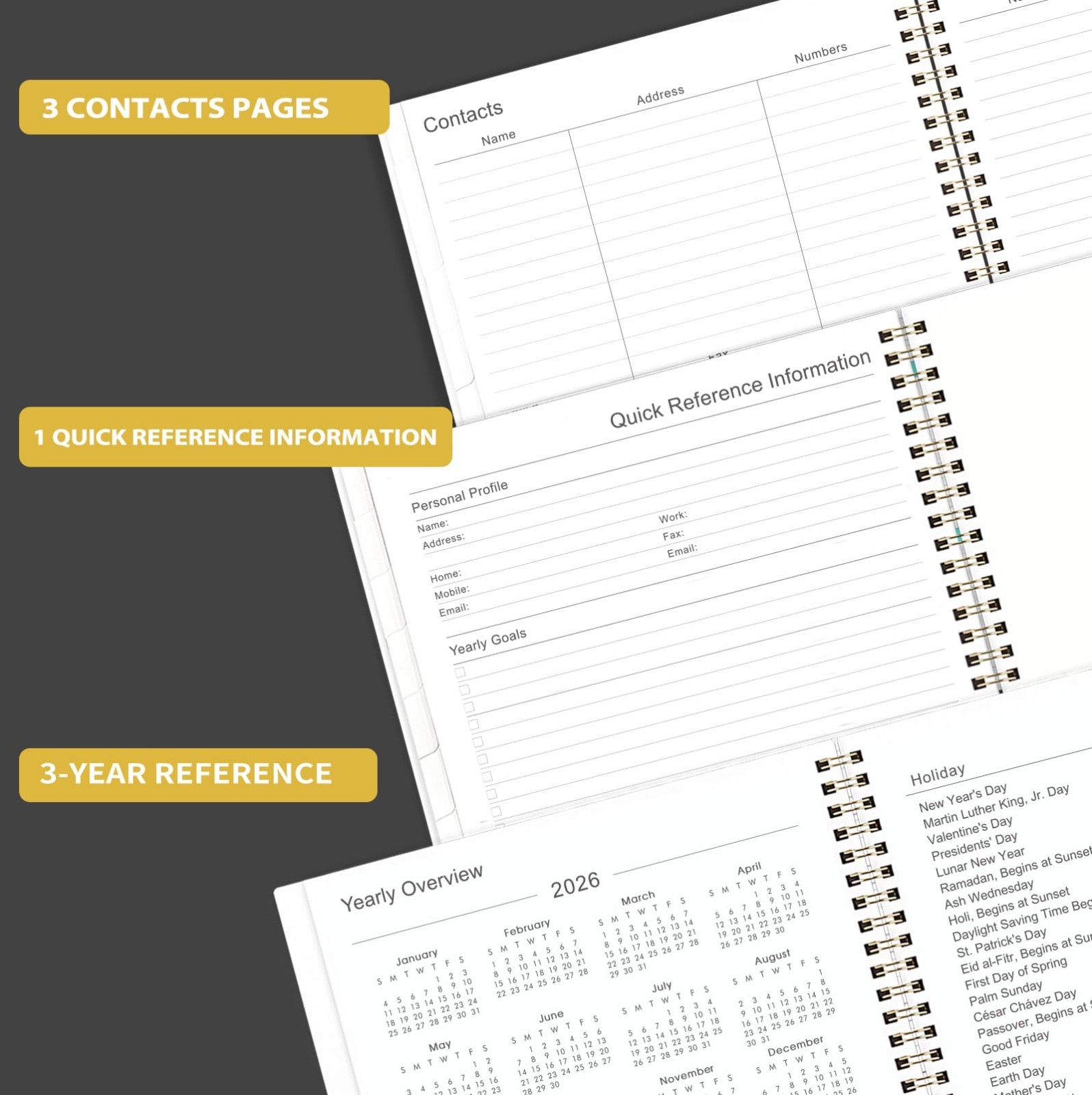 2026 Planner Organizer, Weekly Monthly Layout, Sticky Tabs Twin Wire, Black