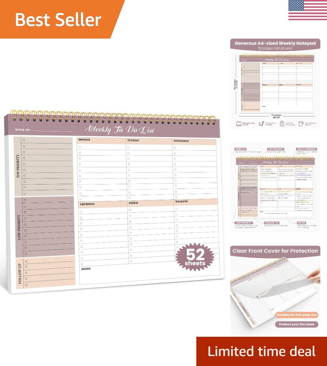 Lay Flat Weekly Planner – 8.5″x11″ Undated Notepad for Professionals