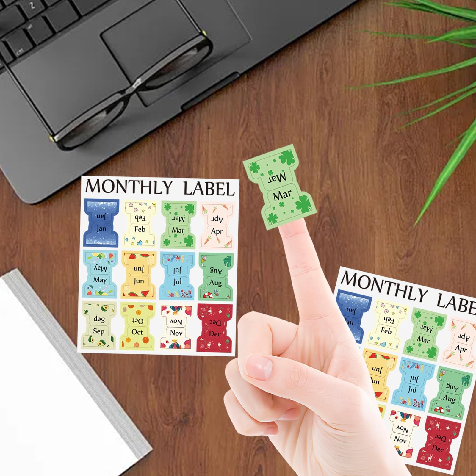 2 Sheets Colorful Monthly Adhesive Tabs, 24 Pcs Monthly Divider Tabs, 1-12 Mo