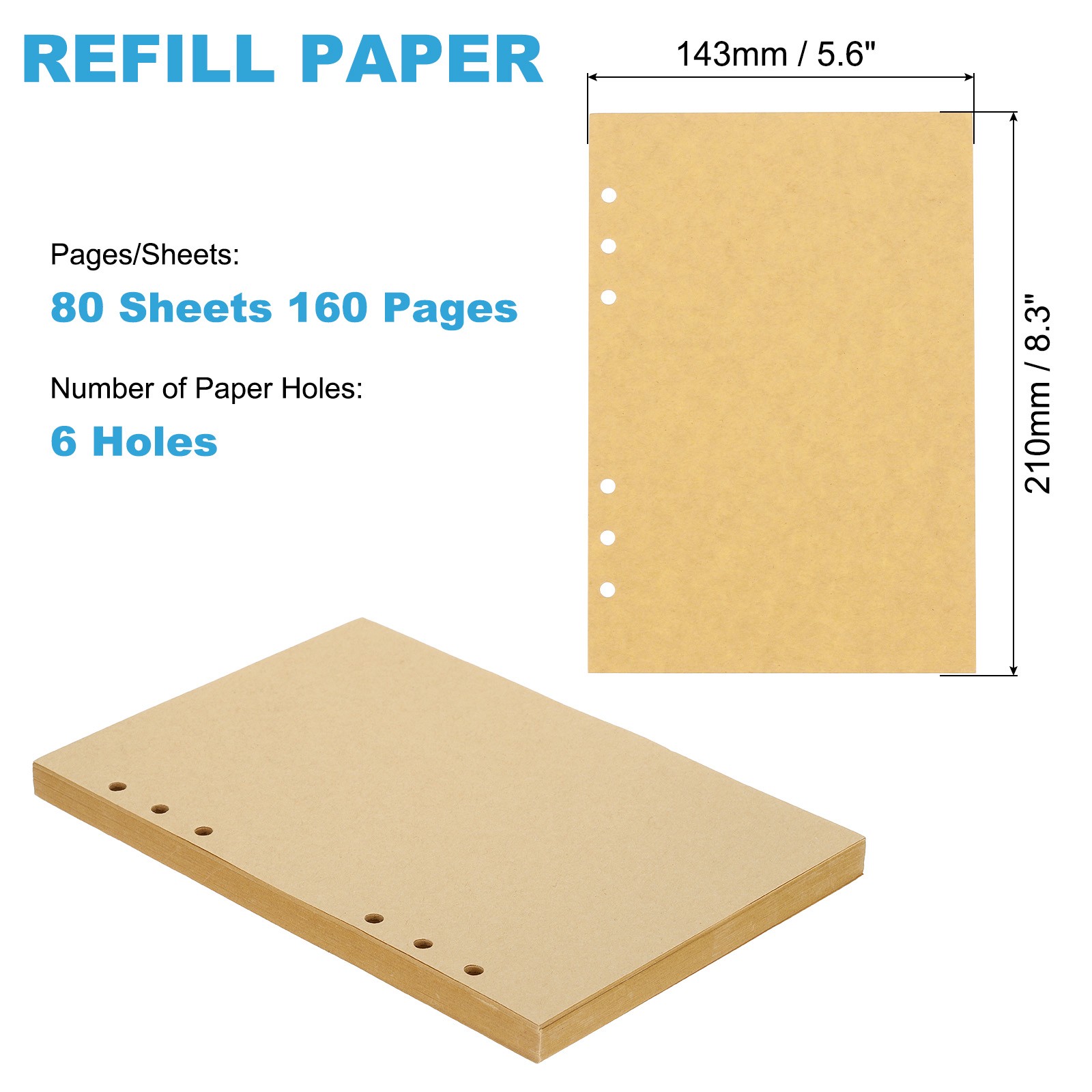 A5 Refill Paper Blank Kraft Paper 6 Rings Binder 80 Sheets/160 Pages Beige