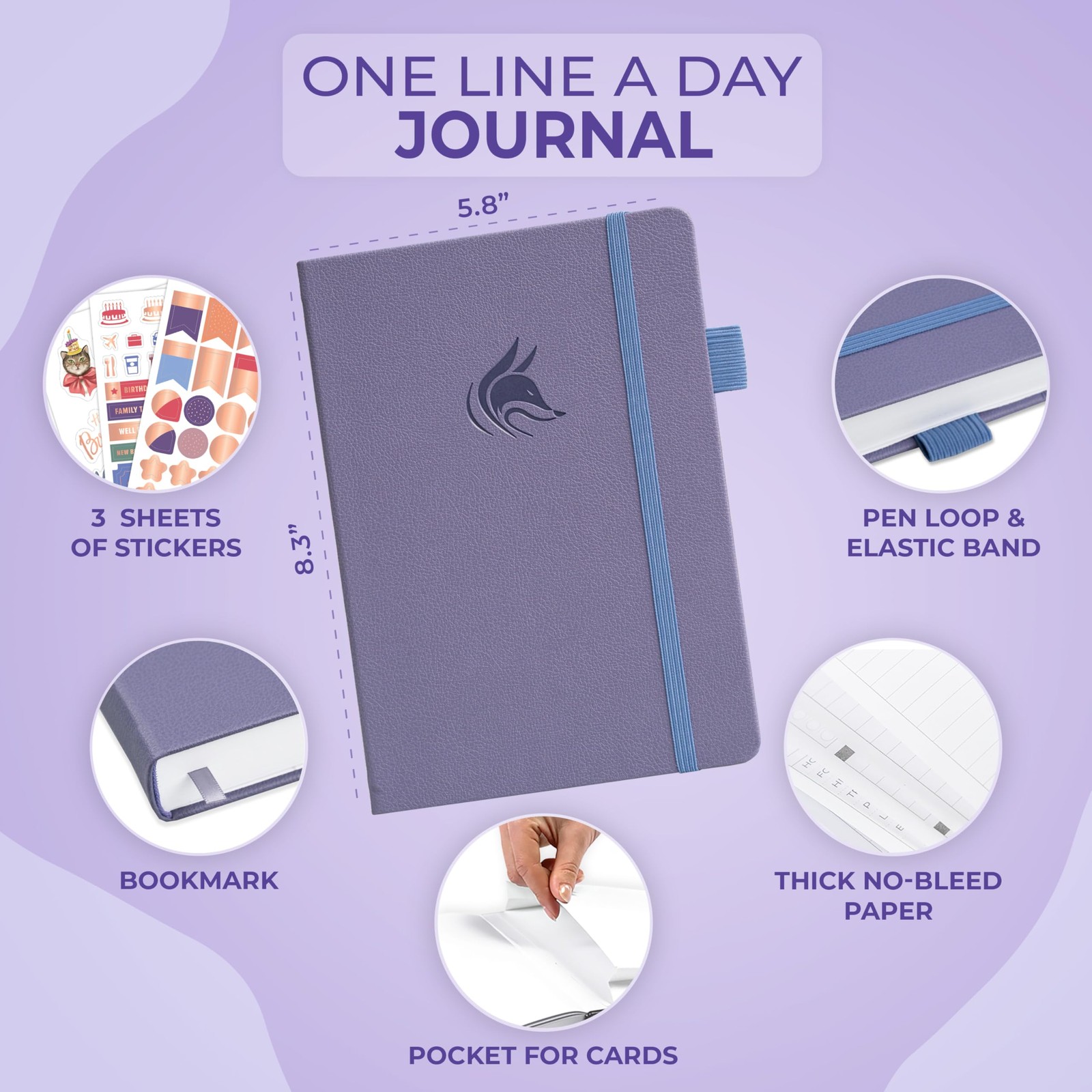 Clever Fox One Line A Day Journal – 5-Year A5 (5.8” x 8.3”), Lavender