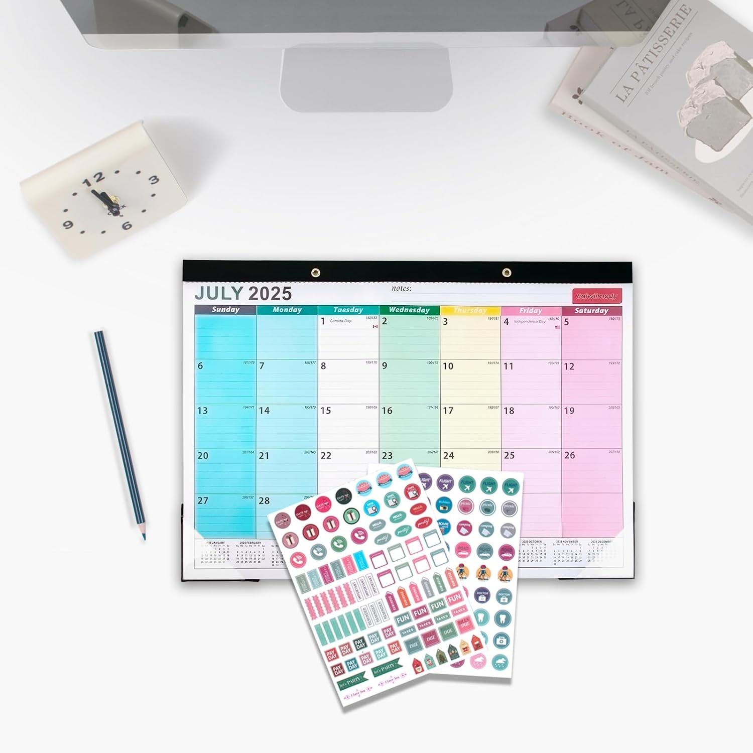 Desk Calendar 2025-2026 with Stickers 17 x 12 inch JUL. Medium, Colorful