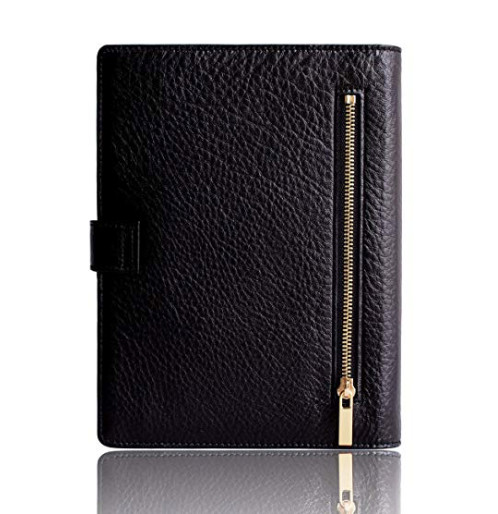 New luxurious Black Leather planner agenda, perpetual calendar, gold color hardw
