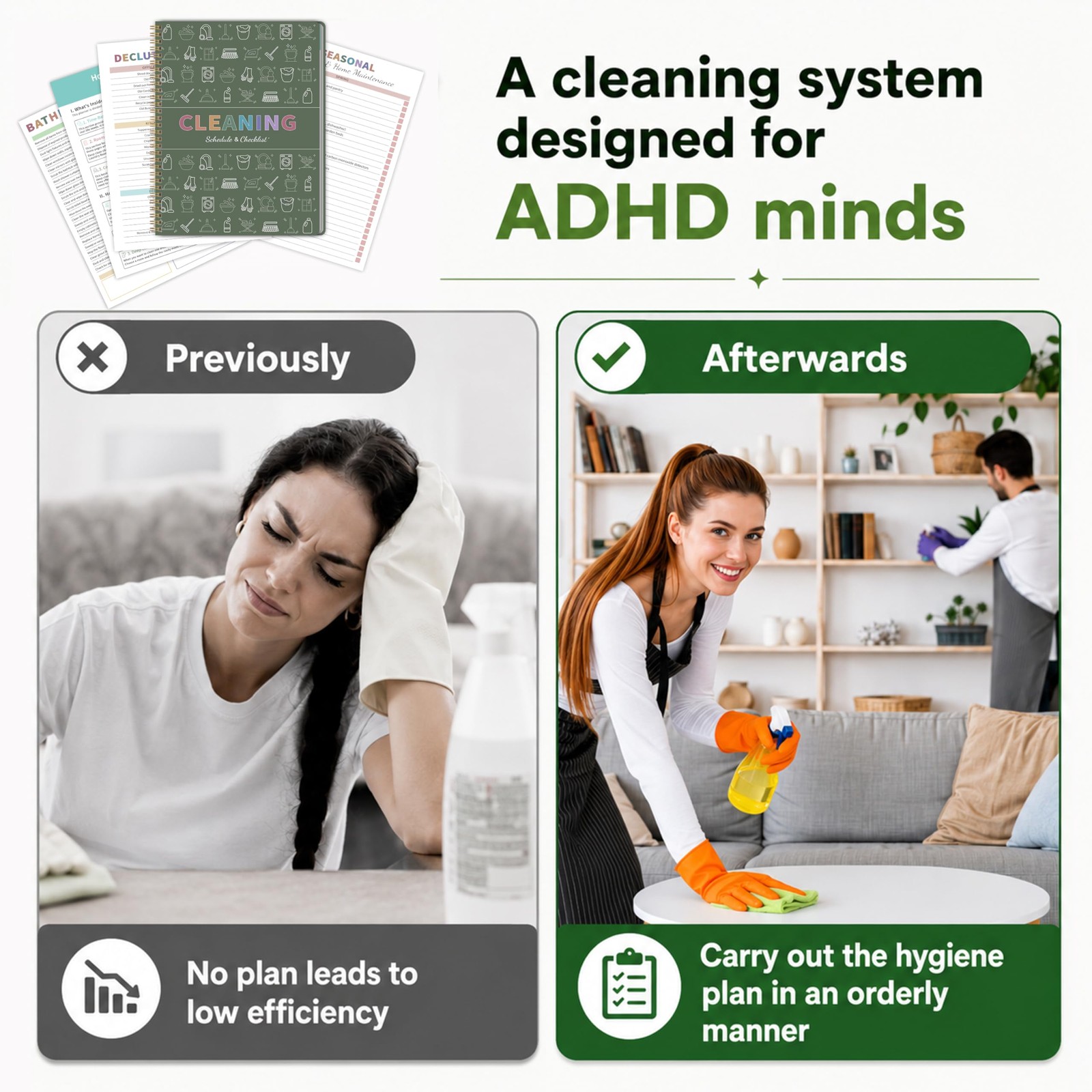 60-Week ADHD Cleaning Planner for Adults & Teens – 8.5 X 11 inches, Green