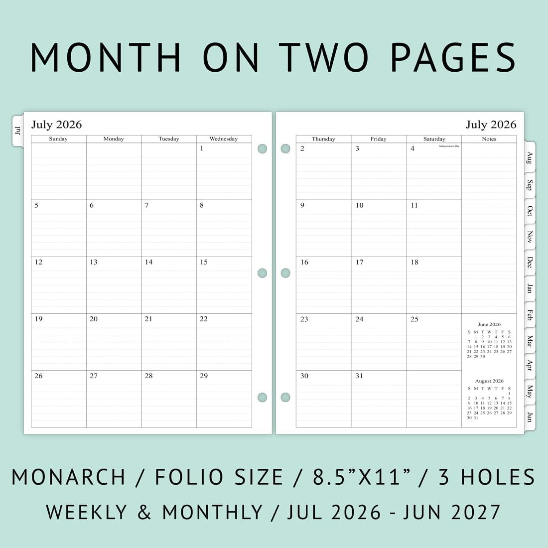2026-2027 Weekly Planner Refills with Monthly Tabs for 3-Ring Binders – 8.5×11