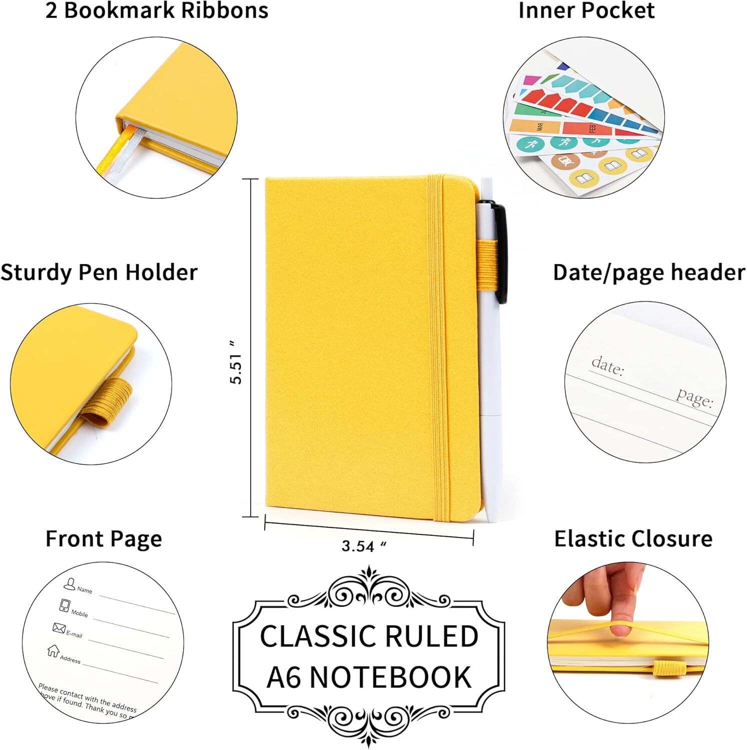 feela 3 Pack Pocket Notebook Journals with 3 Black Pens, A6 Mini 3 Yellow