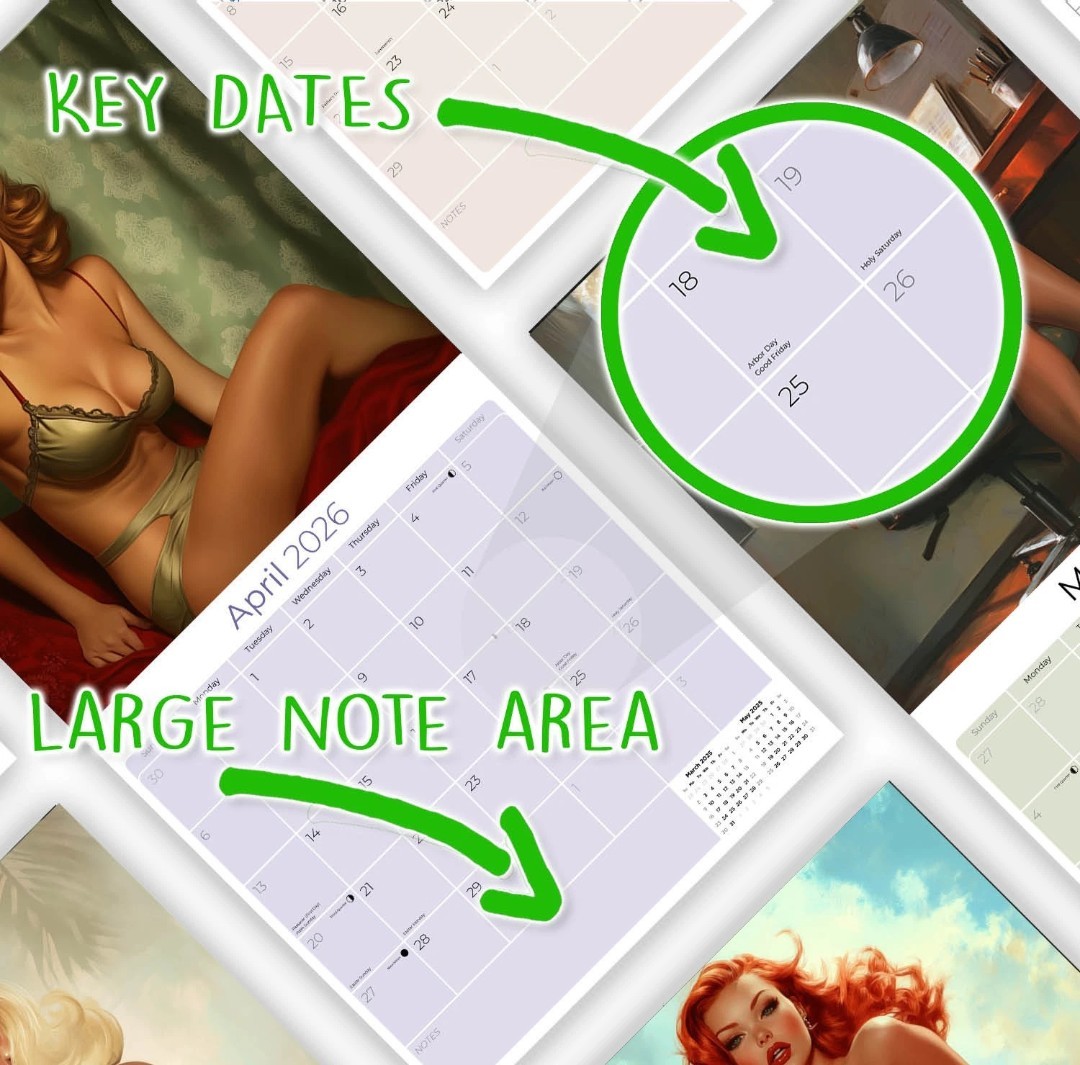 Retro Sexy Vintage Pin Up Girls Calendar 2026 Large 12×24 USA tattoo Shop Art