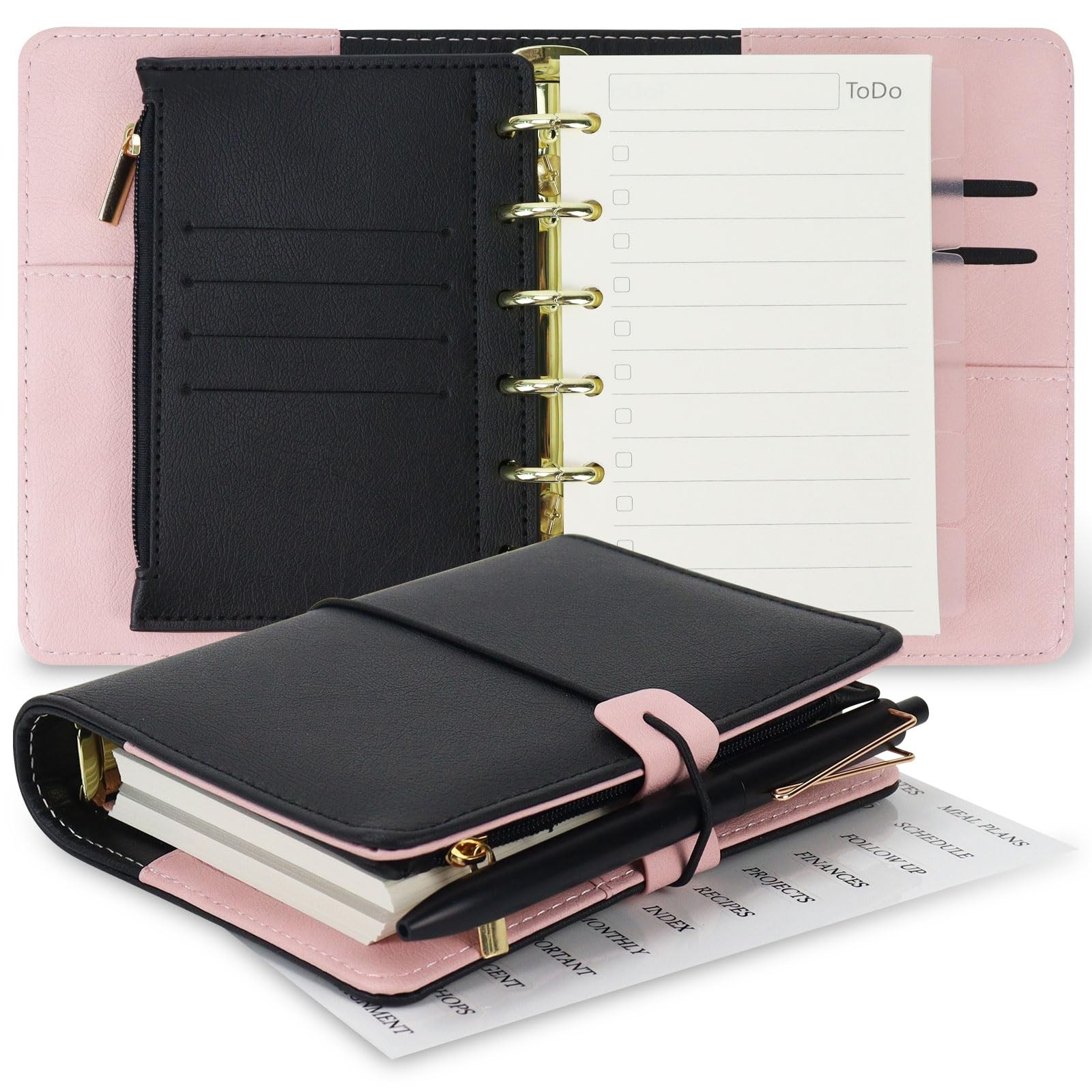 Koqye A7 Refillable Planner Small Binder Notebook 6 Ring, A7, Black & Pink