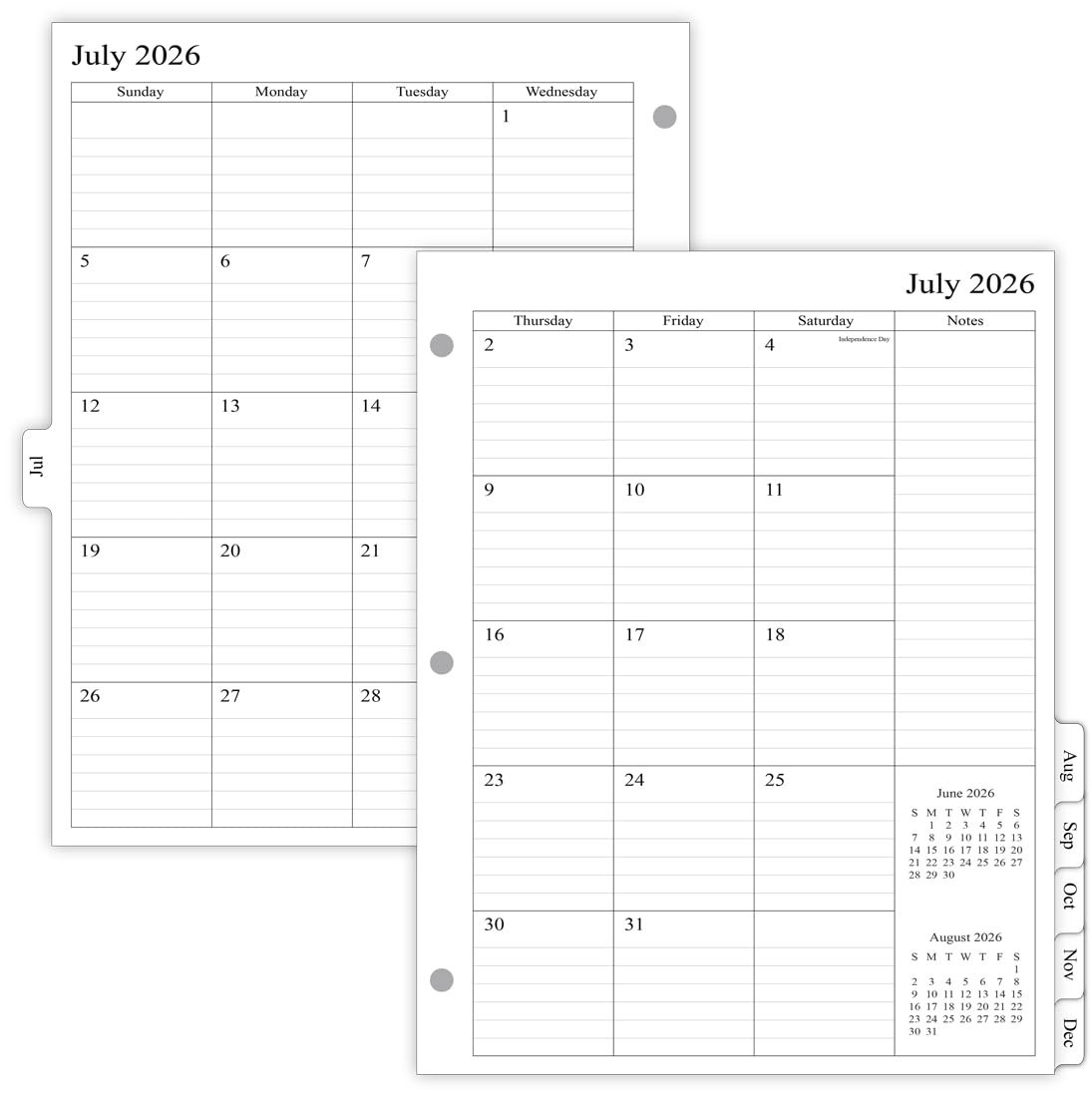 2026-2027 Monthly Planner Refill for 3 Ring Binder, Jul-Dec, 8.5″x11″, Two Pages