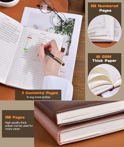 Lined Journal Notebook for Women Men, 256 Numbered Pages Hardcover Leather Journ