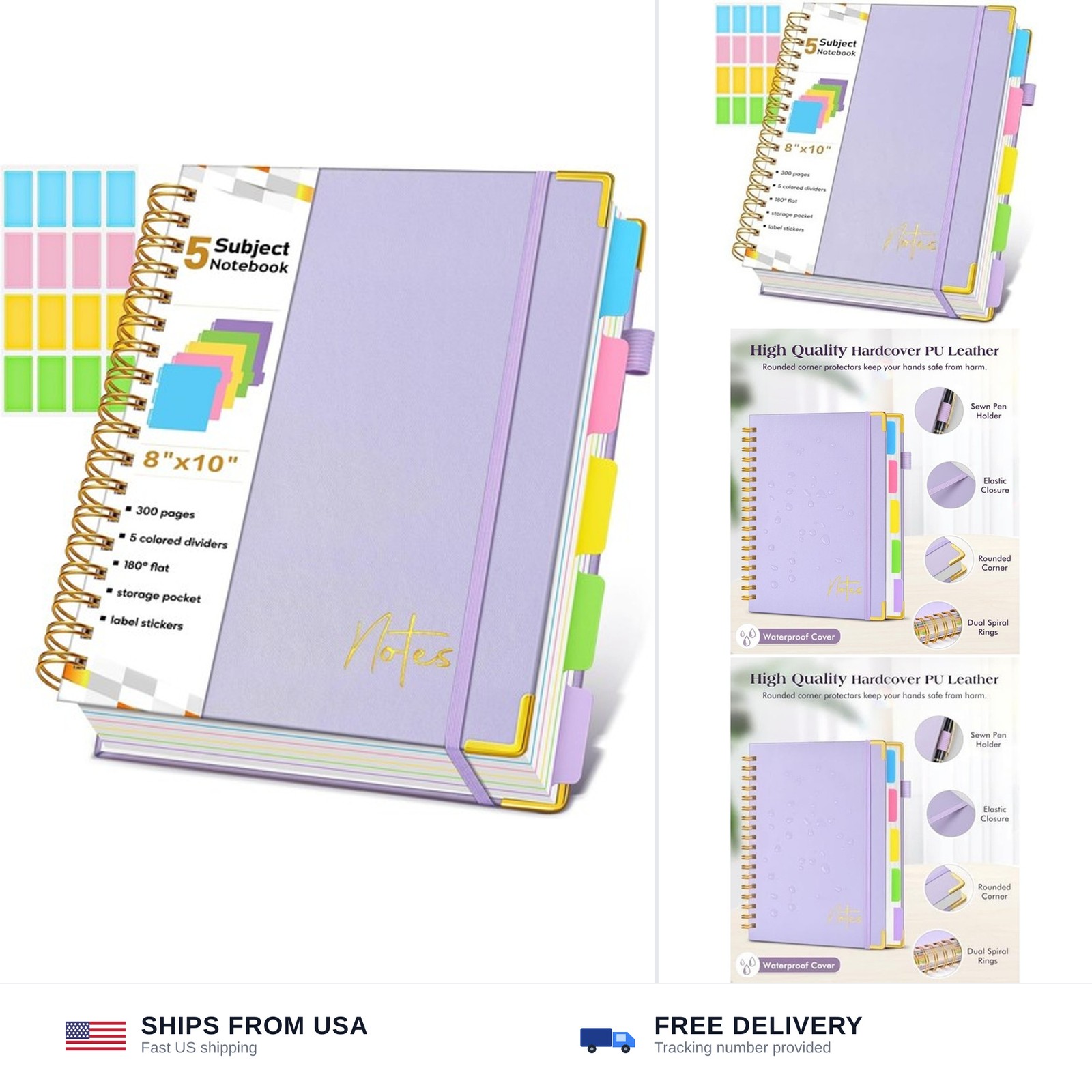 Spiral Notebook Journal with Removable Dividers Tabs, 300 Pages Hardcover Lea…