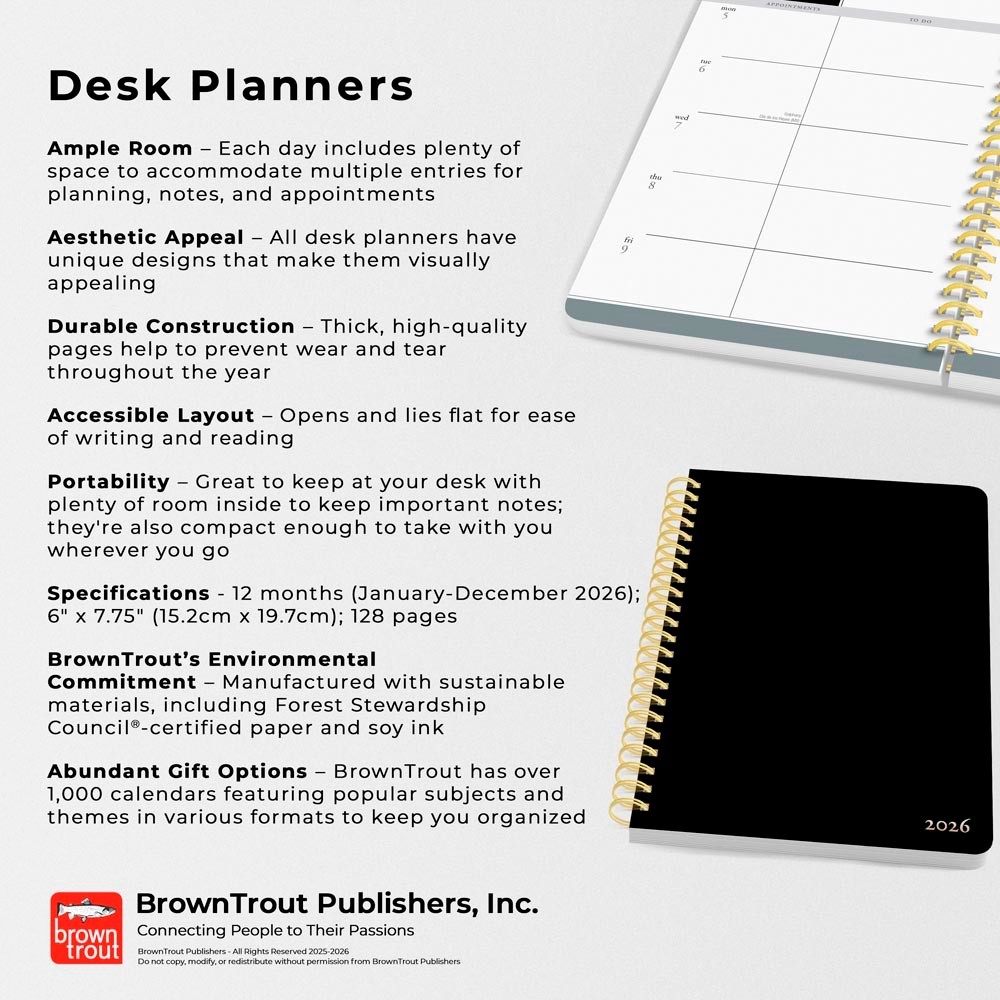 Black Solid | 2026 6×7.75 Inch Weekly Desk Planner | Foil Stamped Cover