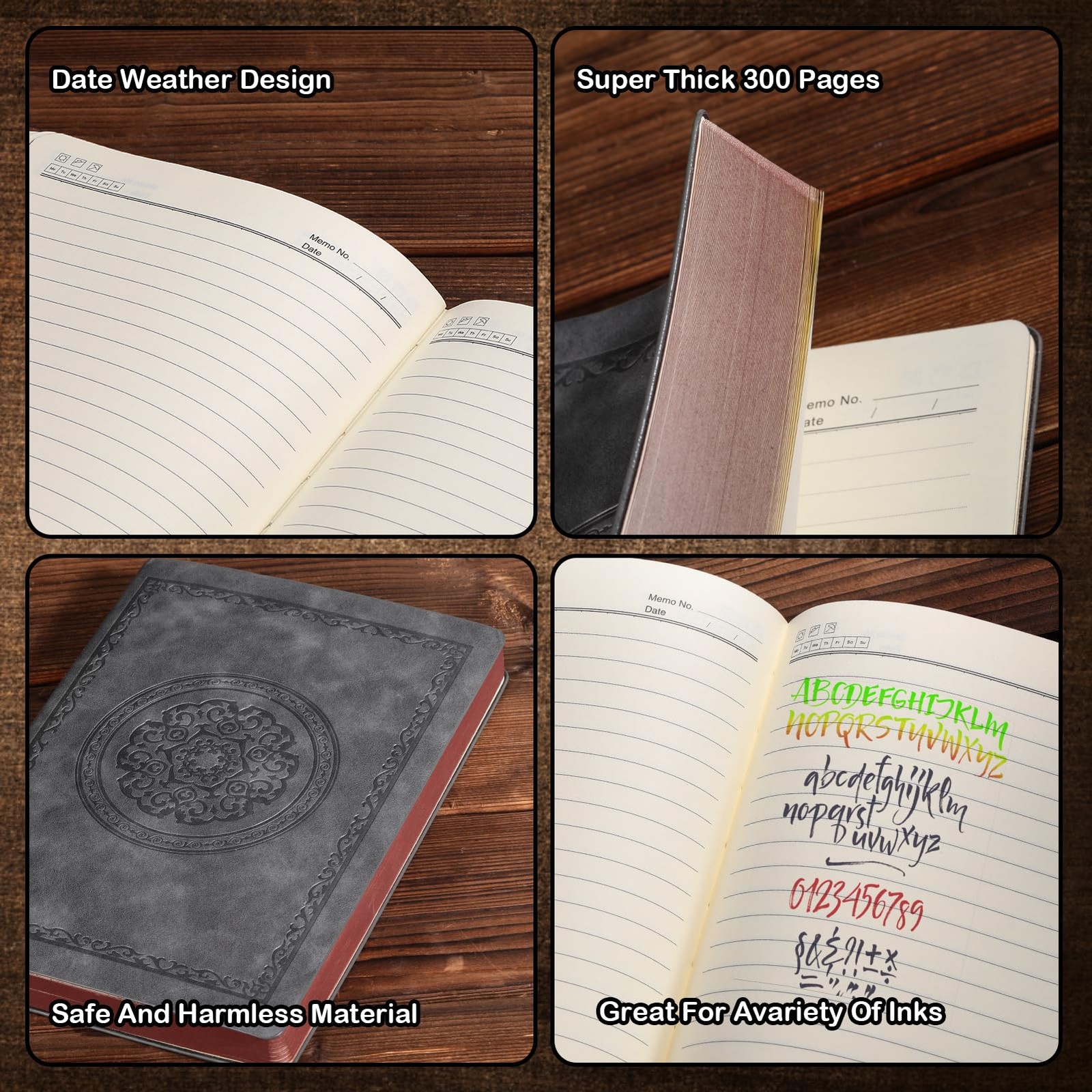 Fetinar 2026 Leather Vintage Journal Notebook,300 Pages,Leather Grey