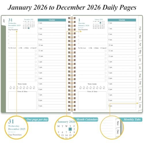 2026 Daily Planner – Full Page Per Day, Monthly Tabs, 6.4″x8.5″, Green, Jan-Dec