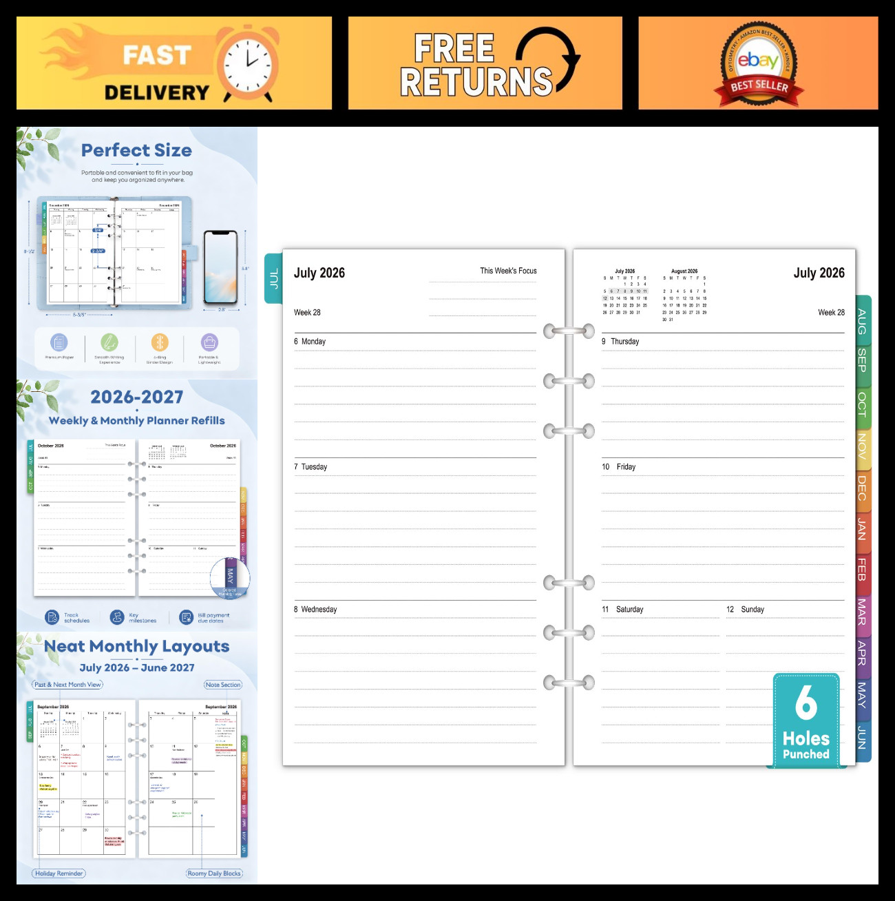 A5 Planner Inserts 2026-2027 – Weekly & Monthly Refills, 6-Hole Punched, 100gsm