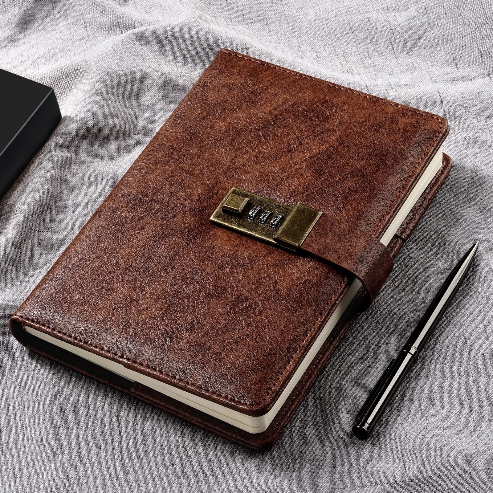 WEMATE Diary with Lock, A5 PU Leather Journal A5（5.8 x 8.6inch）, Brown