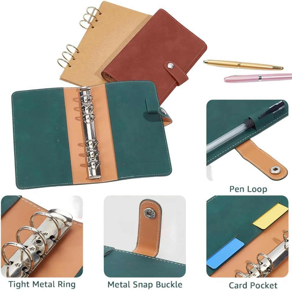 2PCS 2 Colors Refillable 6 Ring Loose Leaf Planner Binder A6 PU Leather Travel J