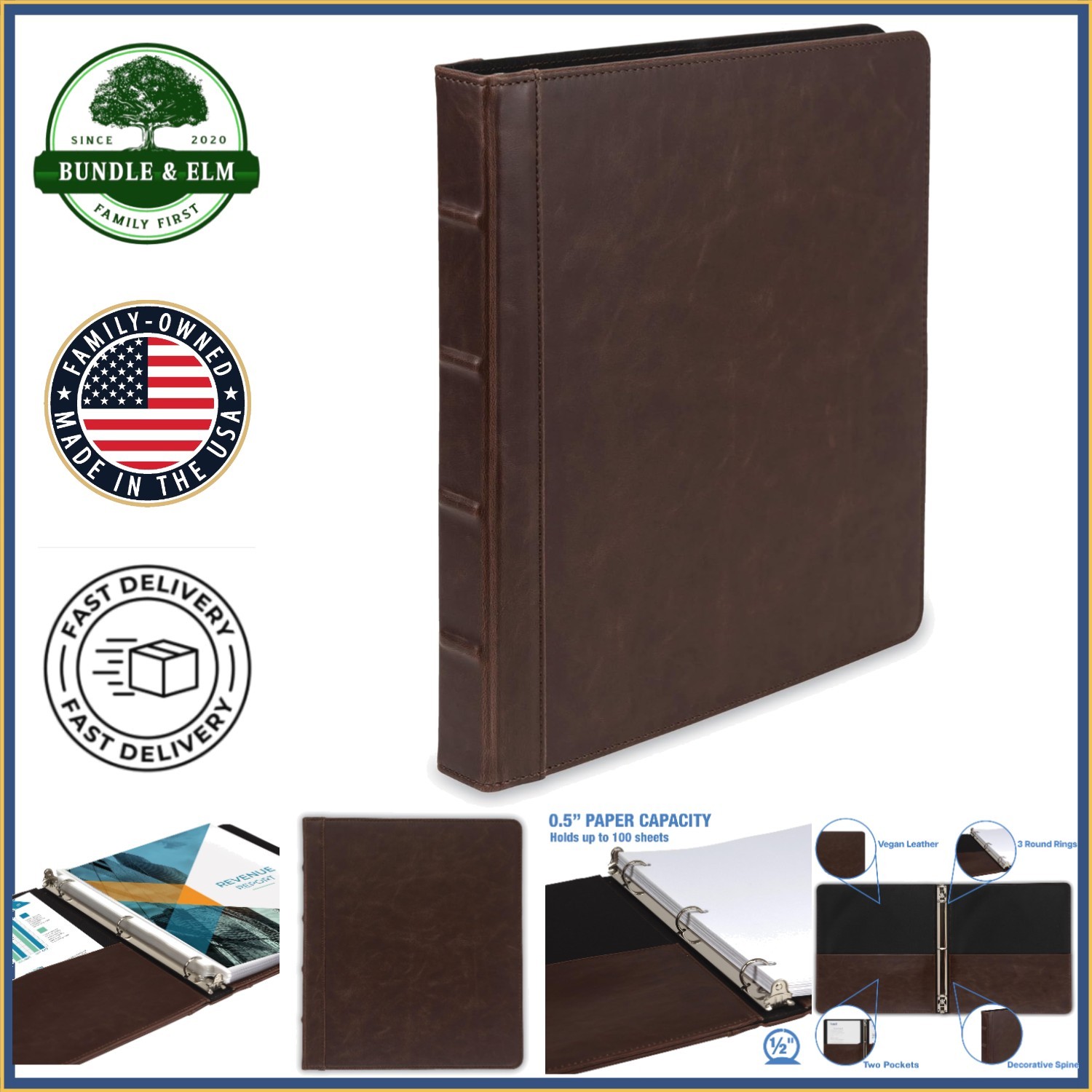 Vintage Faux Leather Binder with 0.5 Inch Round Ring for 8.5×11 Documents