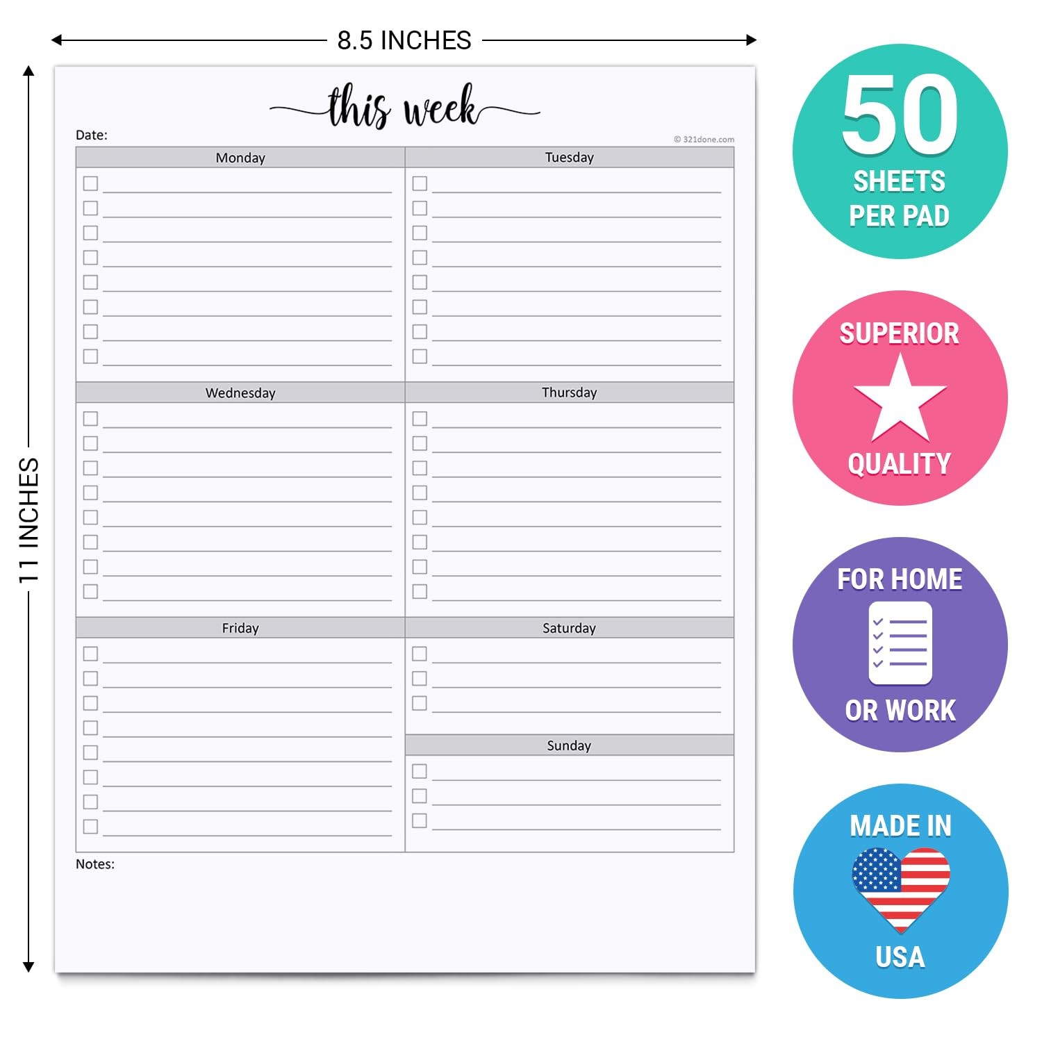 321Done Weekly Checklist Notepad, 8.5×11 Letter Size (8.5″ x 11″), Checklists