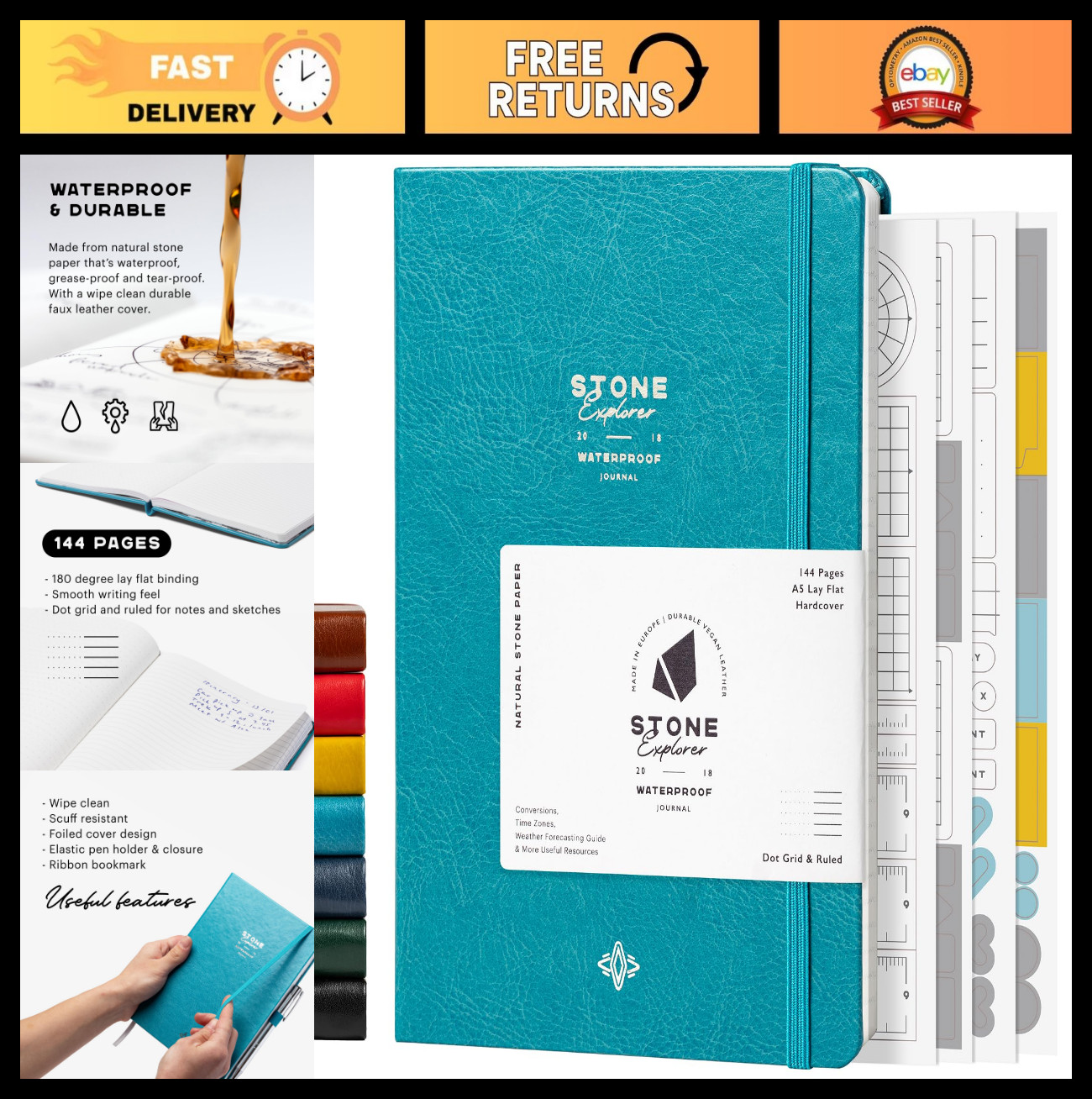 A5 Waterproof Field Journal – Vegan Leather, 144 Pages, Ruled & Dot Grid, Teal