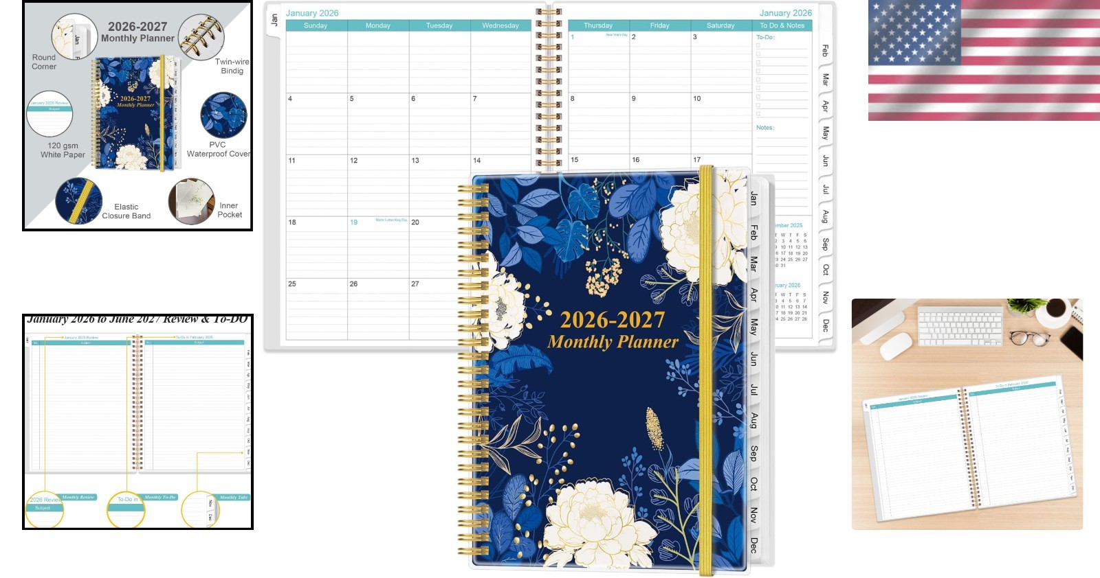 Elegant 2026-2027 Planner – 18- Calendar with Tabbed Pages & Storage Pocket
