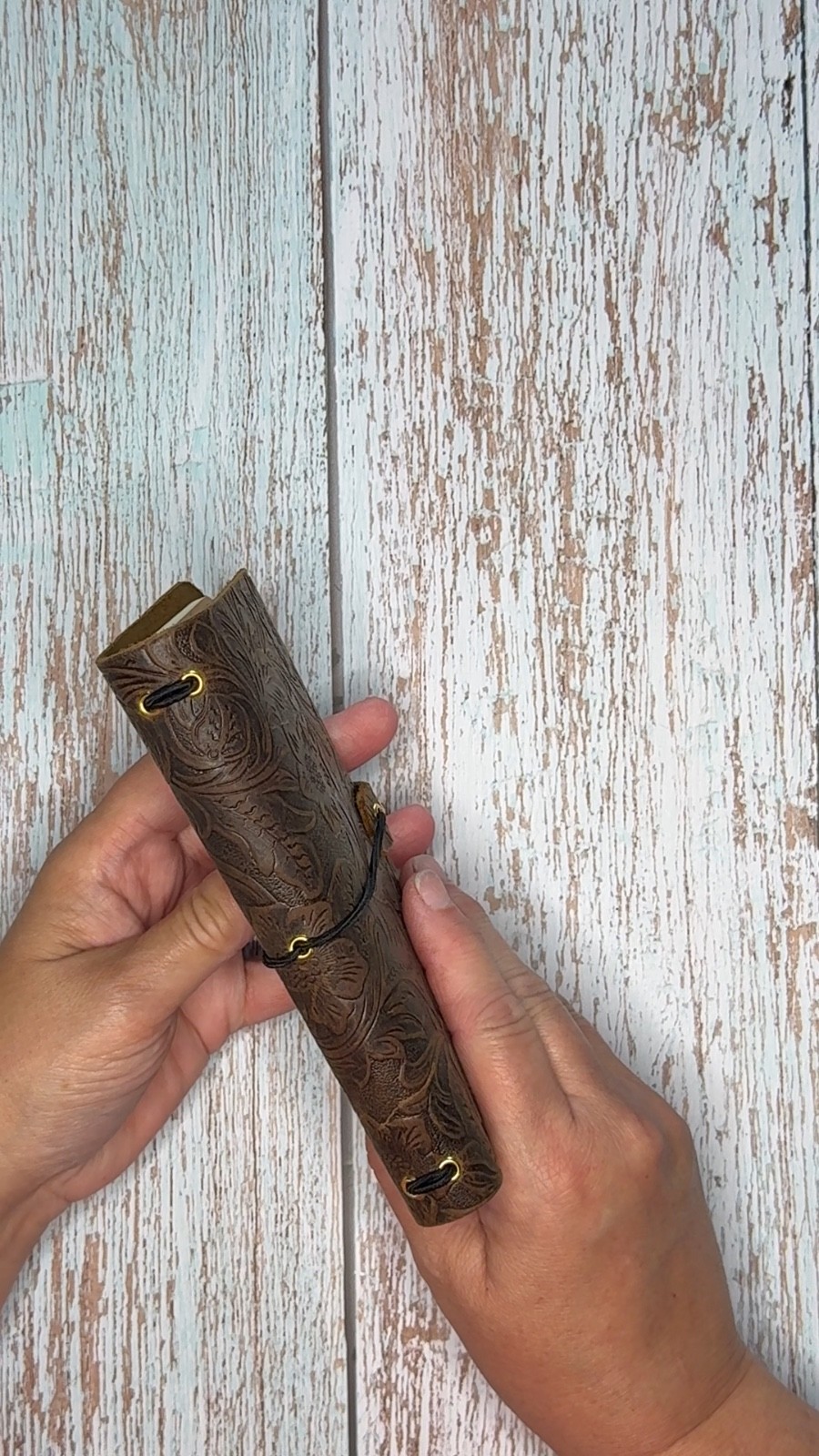 Handmade embossed brown leather pocket journal, refillable, 3 blank inserts