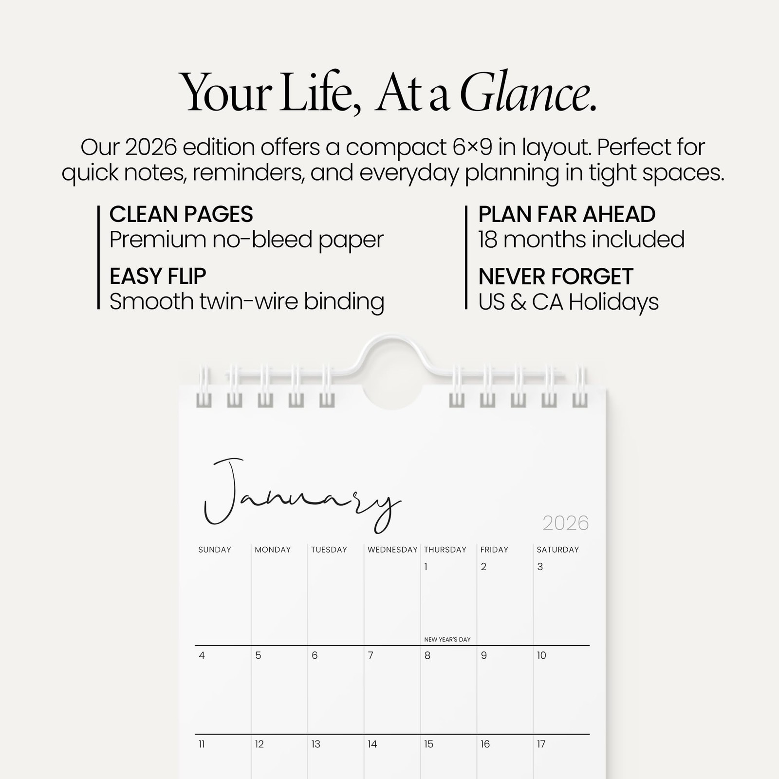 Karto Small Wall Calendar 2026 – Vertical 6×9 inch January Small, Minimalist