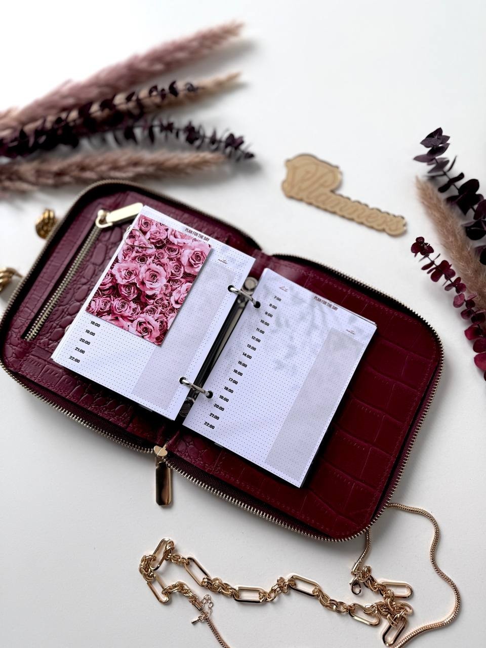 Luxurious Burgundy Genuine Leather A7 Pocket Planner – Golden Leopard Edition