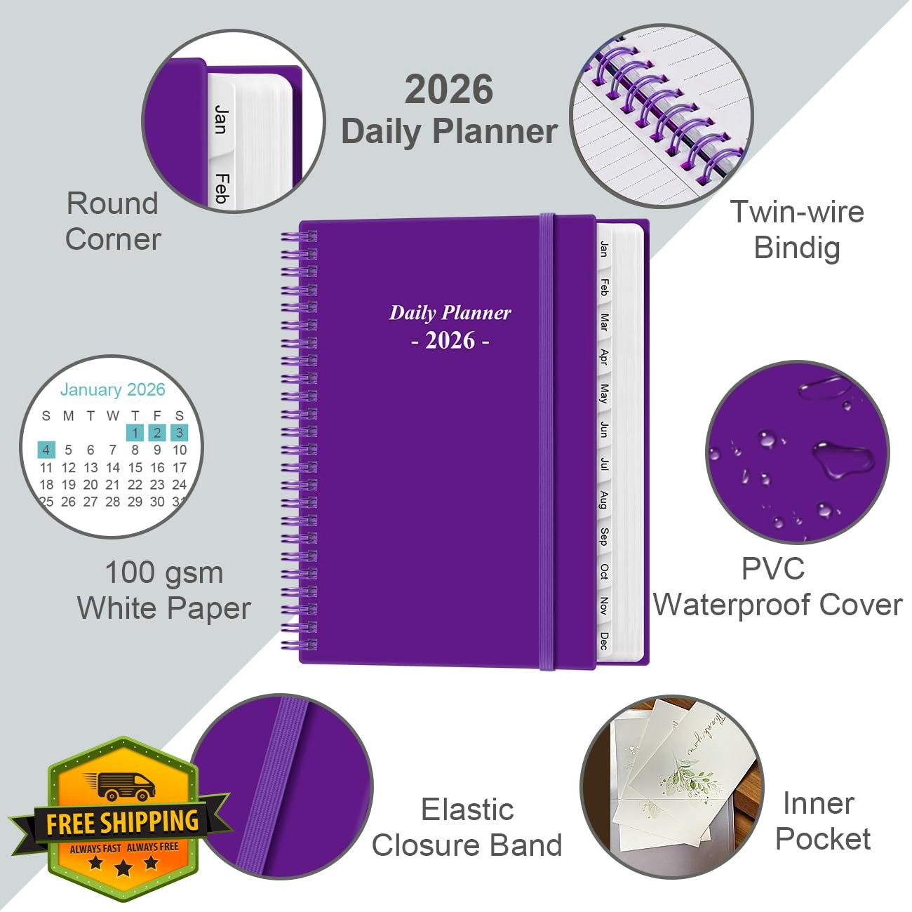 Yaridar 2026 Daily Planner 6.4″x8.5″ Purple