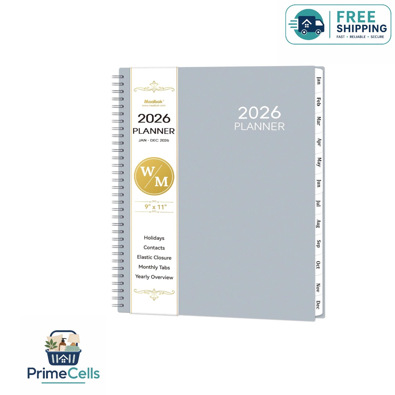 Comprehensive 2026 Planner – Gray, 9″ x 11″ with Easy Access Tabs & Pocket