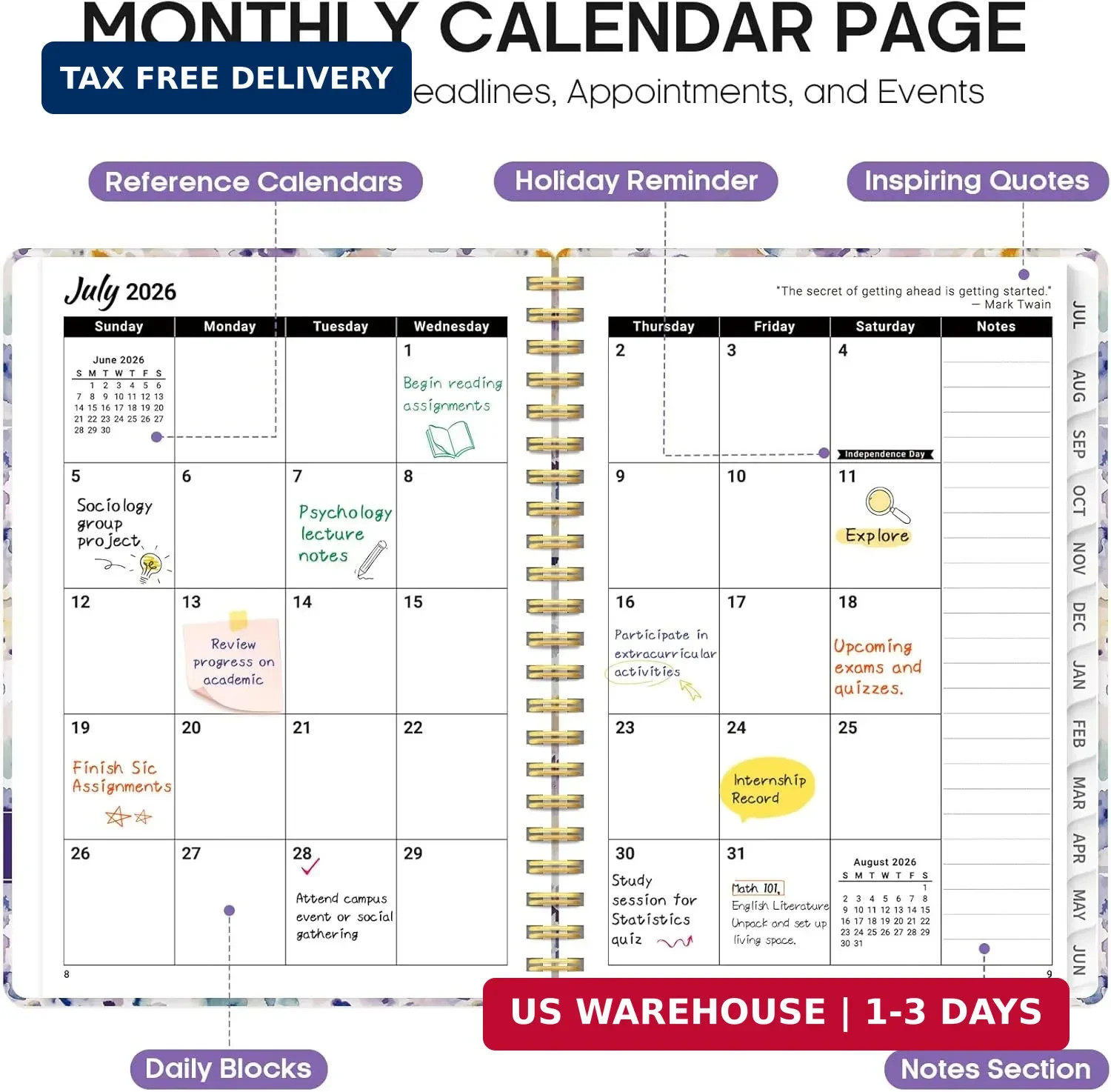 Planner 2026-2027, Academic Year Monthly & Weekly Calendar Book, Jul 2026-Jun 20